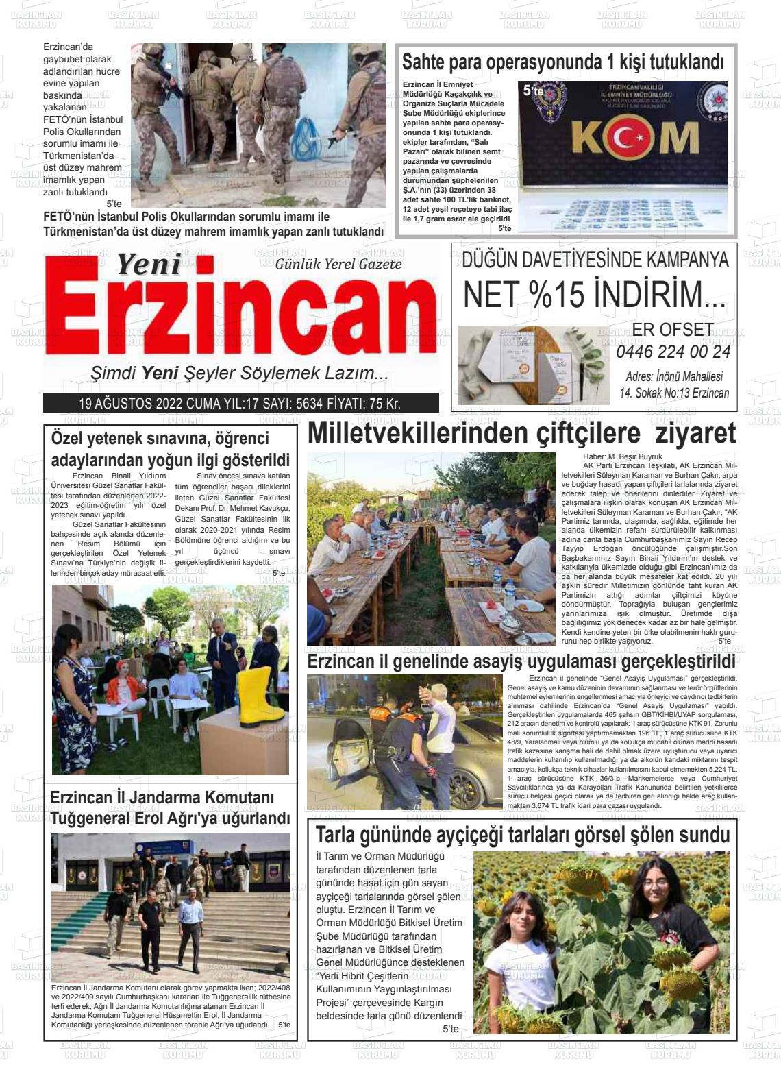 19 Ağustos 2022 Yeni Erzincan Gazete Manşeti