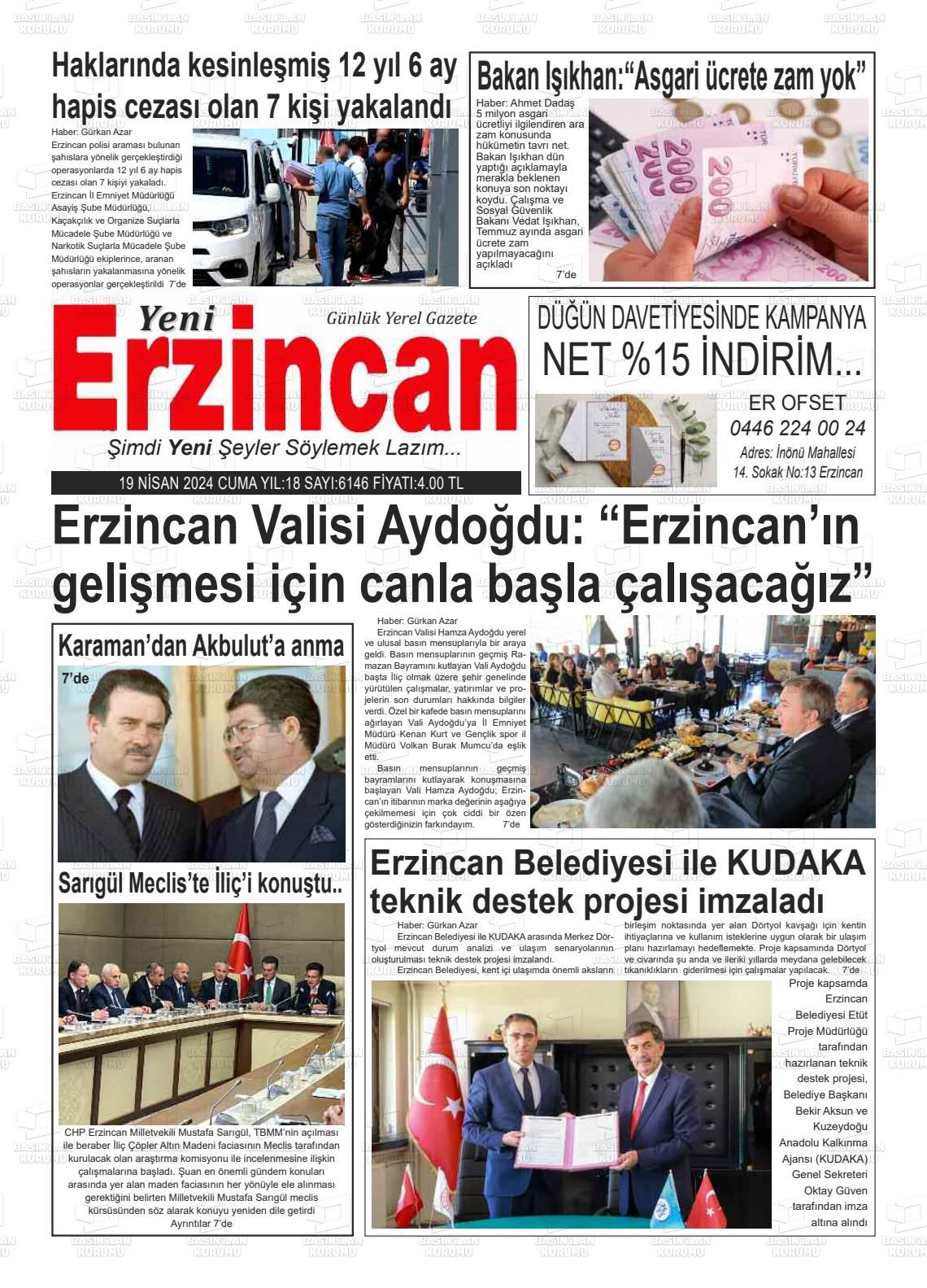 19 Nisan 2024 Yeni Erzincan Gazete Manşeti