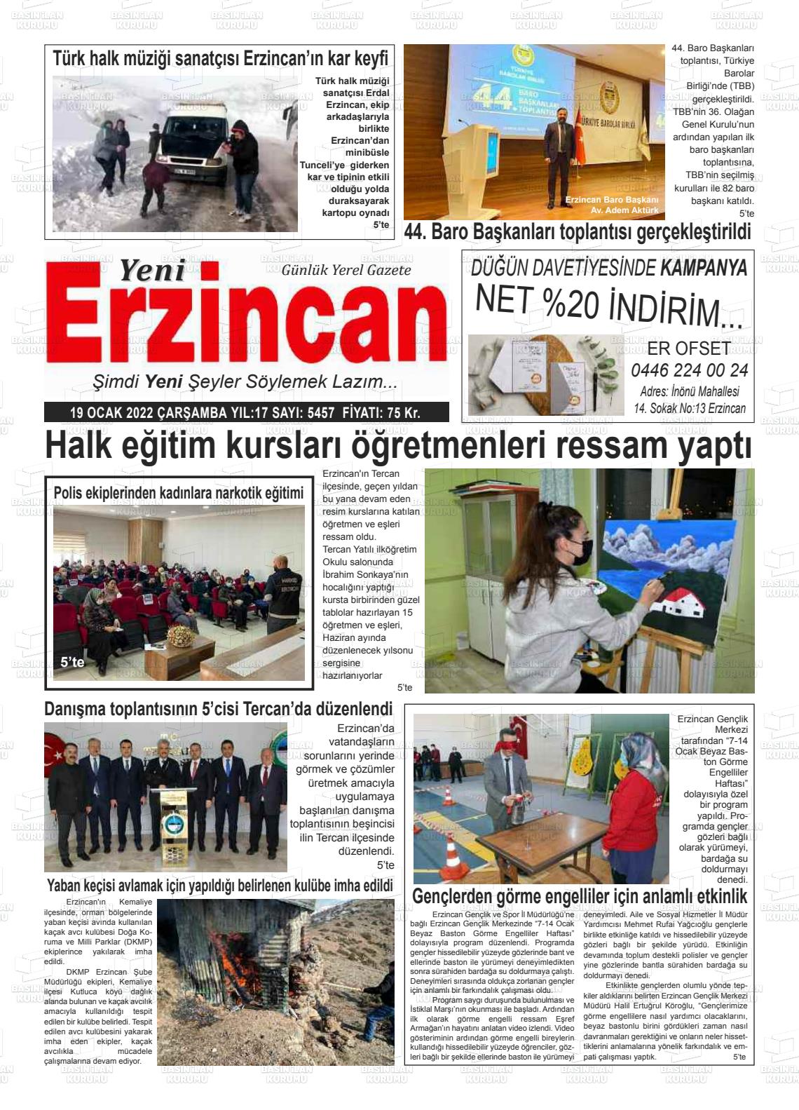 19 Ocak 2022 Yeni Erzincan Gazete Manşeti