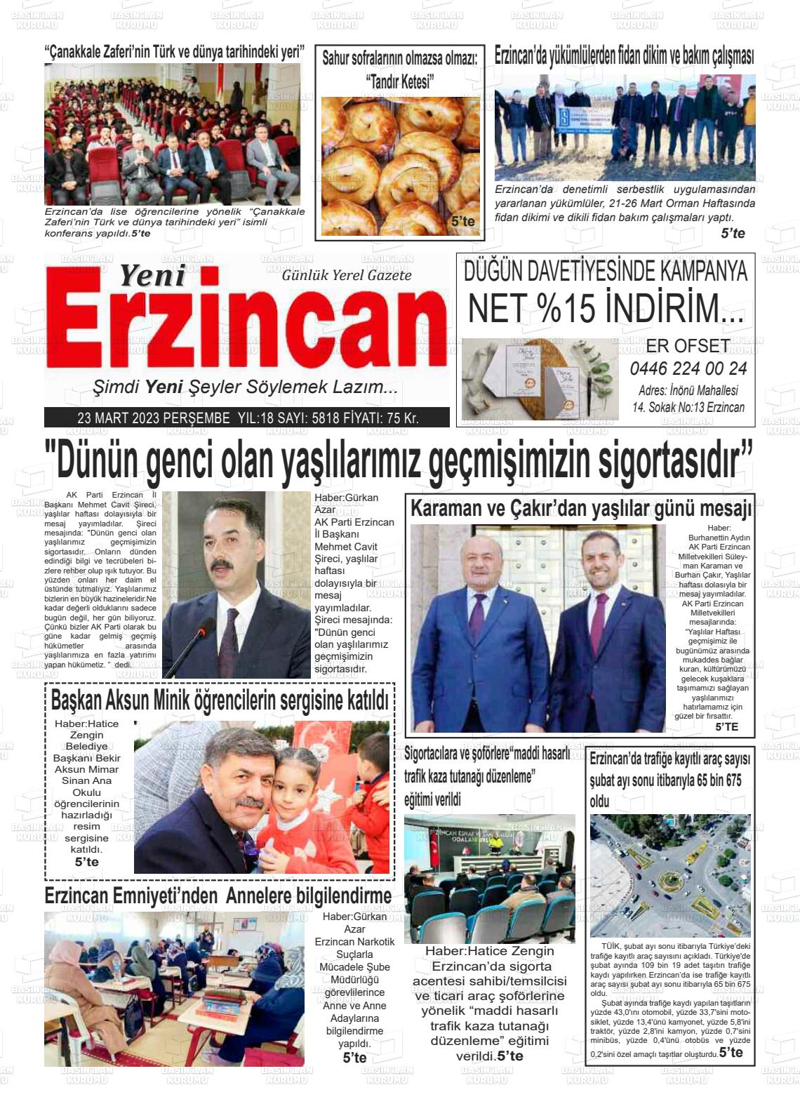 23 Mart 2023 Yeni Erzincan Gazete Manşeti