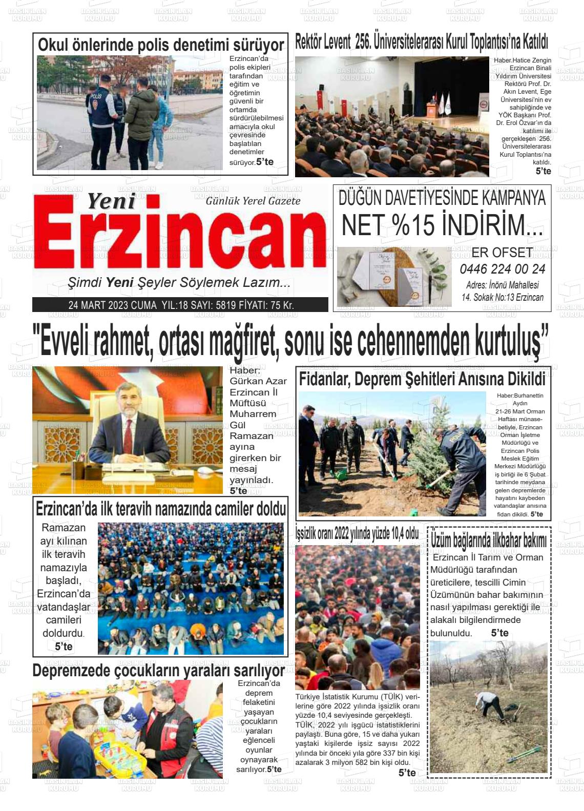 24 Mart 2023 Yeni Erzincan Gazete Manşeti