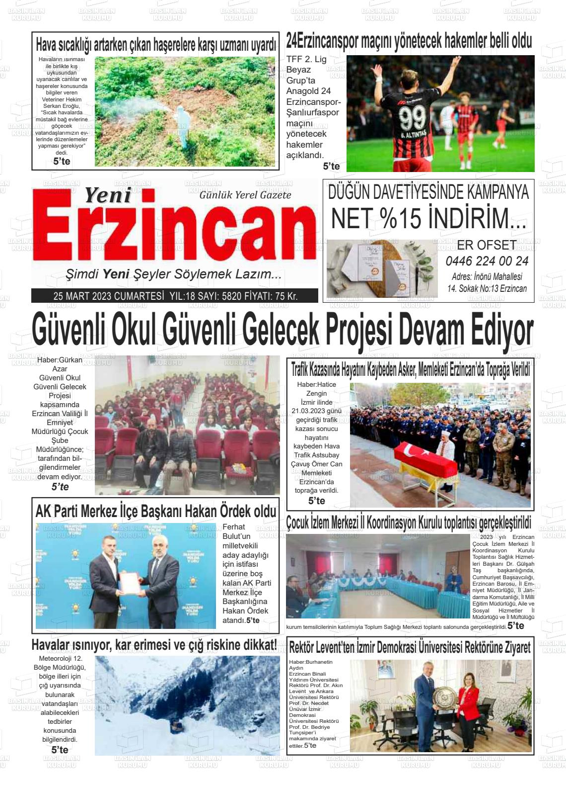 25 Mart 2023 Yeni Erzincan Gazete Manşeti