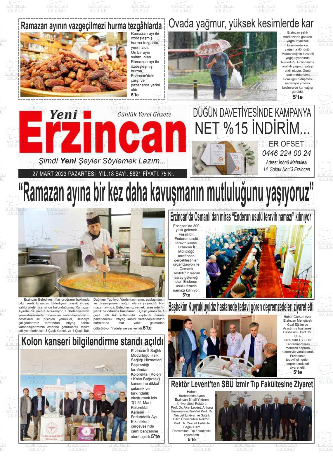 27 Mart 2023 Yeni Erzincan Gazete Manşeti