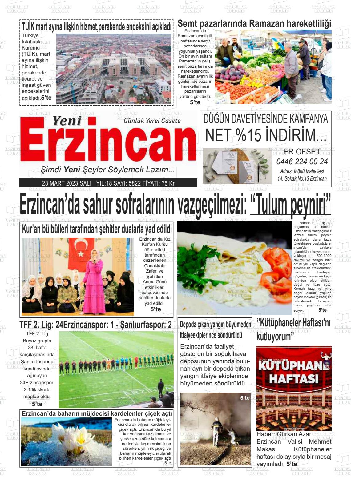 28 Mart 2023 Yeni Erzincan Gazete Manşeti