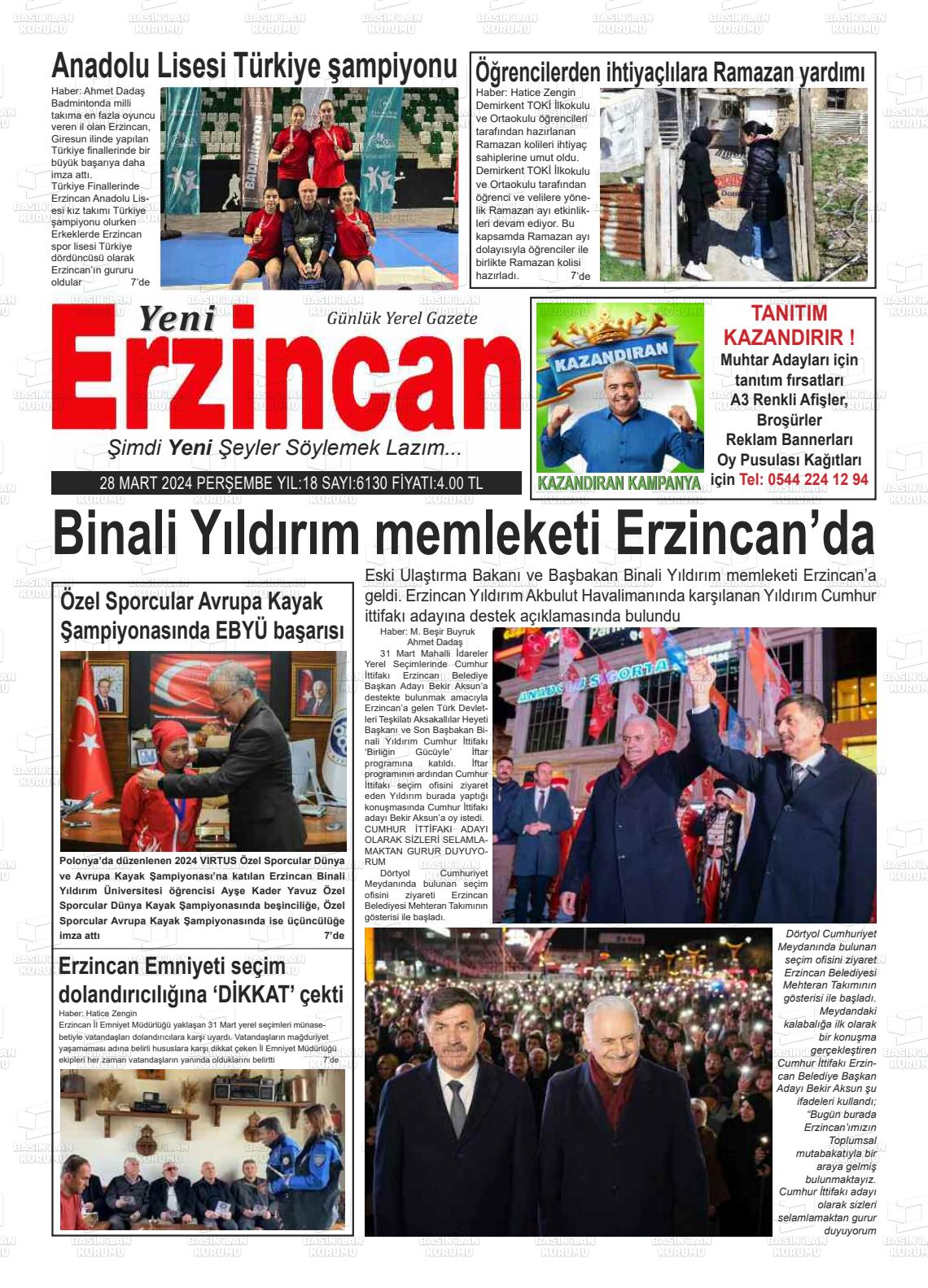 28 Mart 2024 Yeni Erzincan Gazete Manşeti