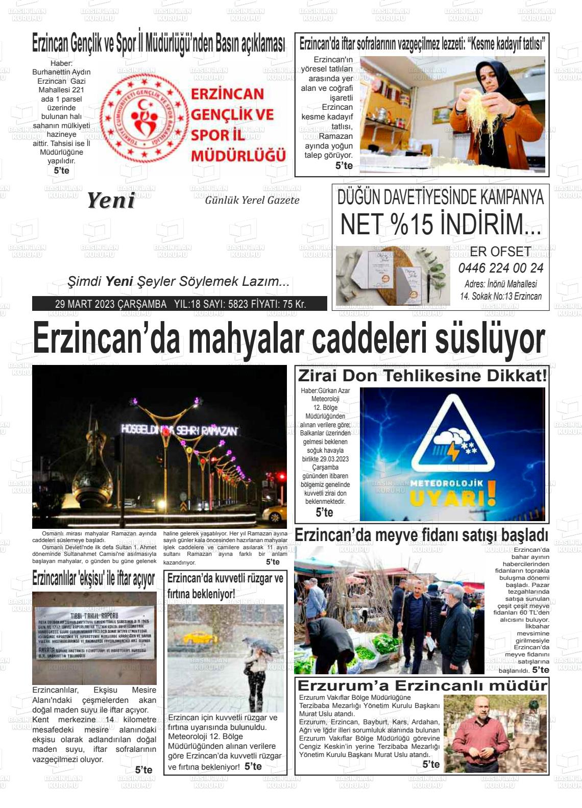 29 Mart 2023 Yeni Erzincan Gazete Manşeti