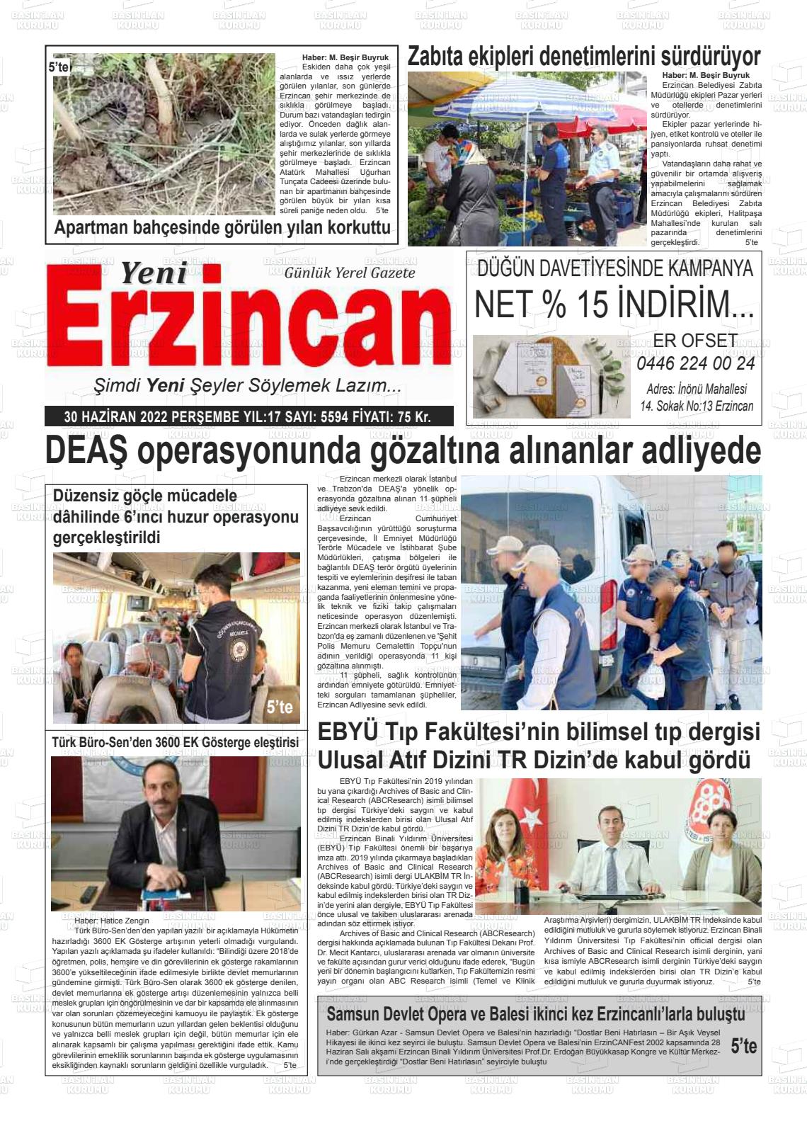 30 Haziran 2022 Yeni Erzincan Gazete Manşeti