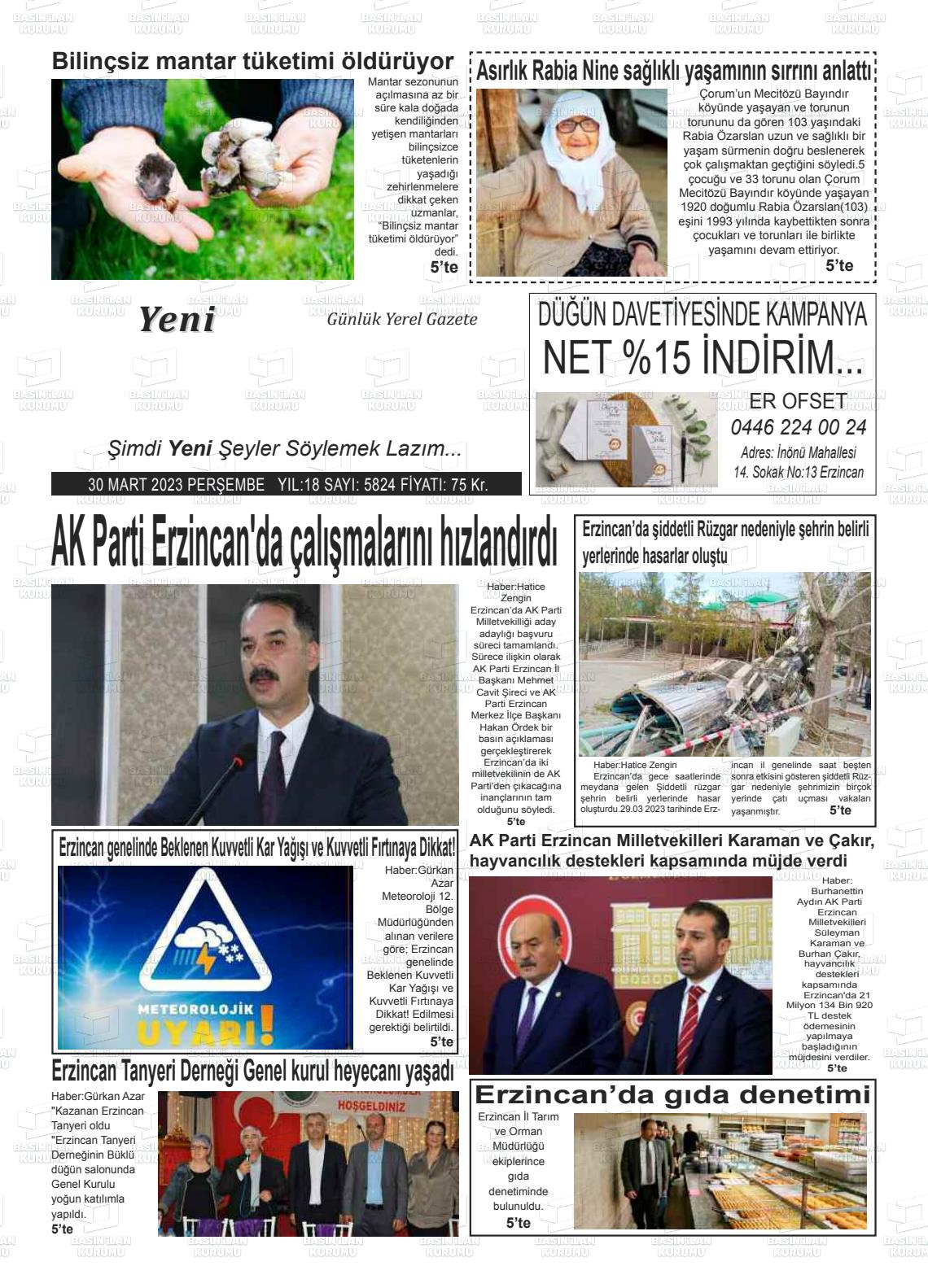 30 Mart 2023 Yeni Erzincan Gazete Manşeti