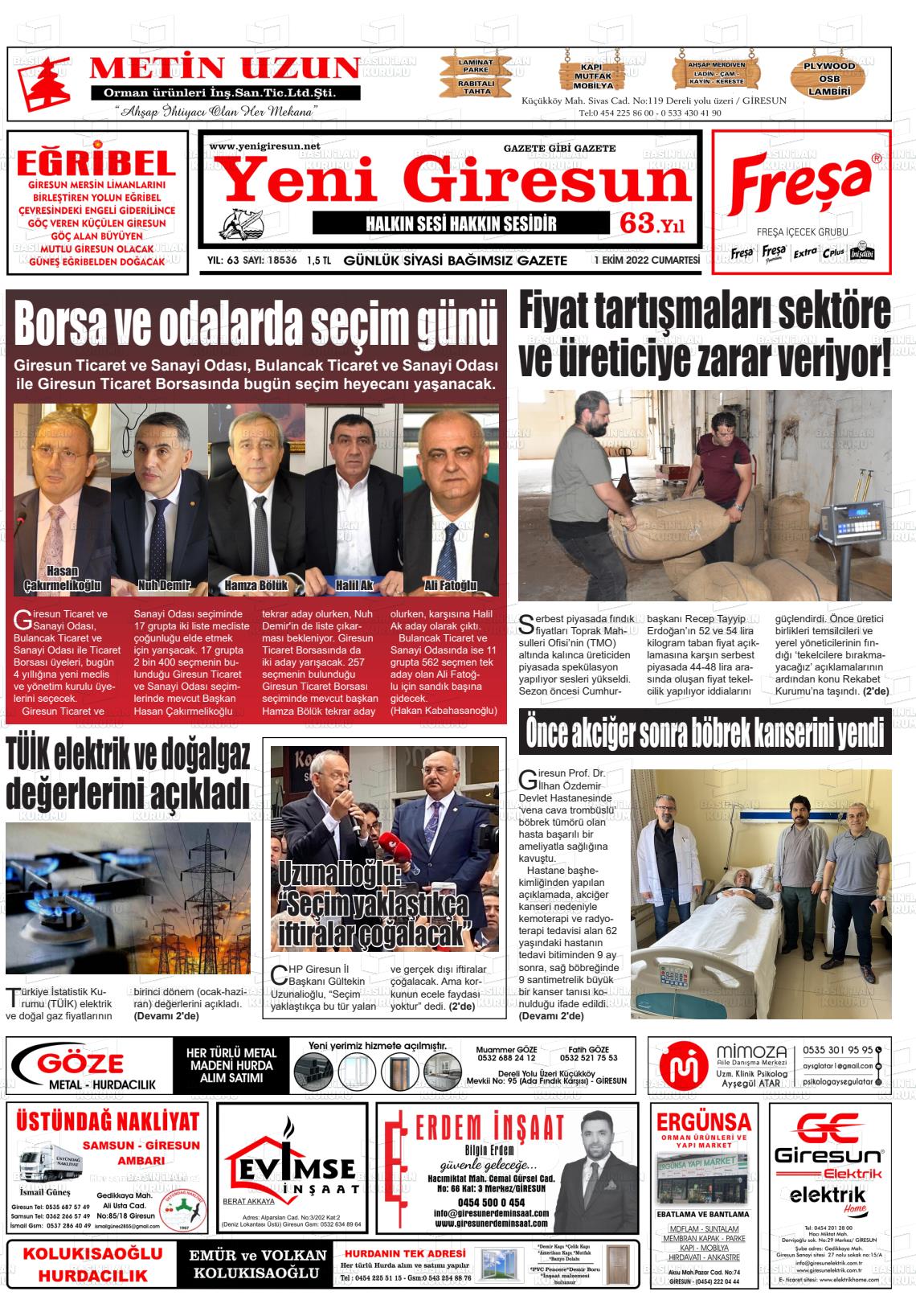 01 Ekim 2022 Yeni Giresun Gazete Manşeti