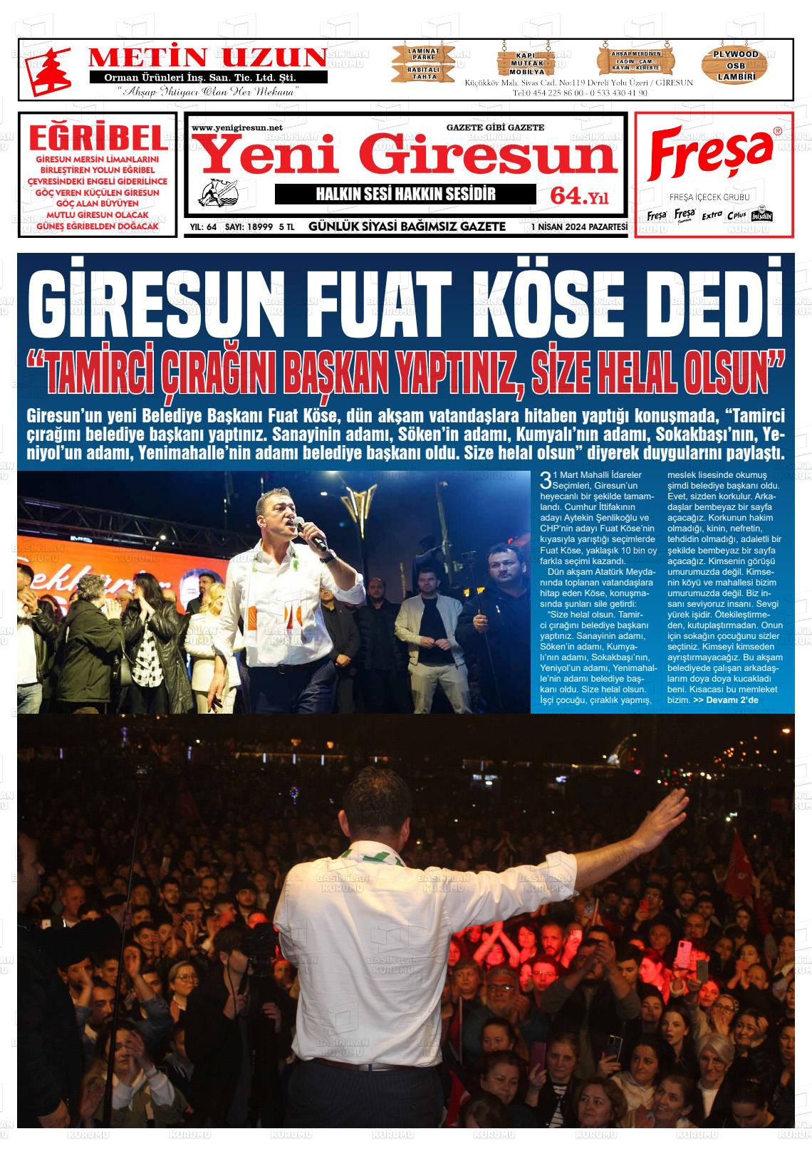 01 Nisan 2024 Yeni Giresun Gazete Manşeti