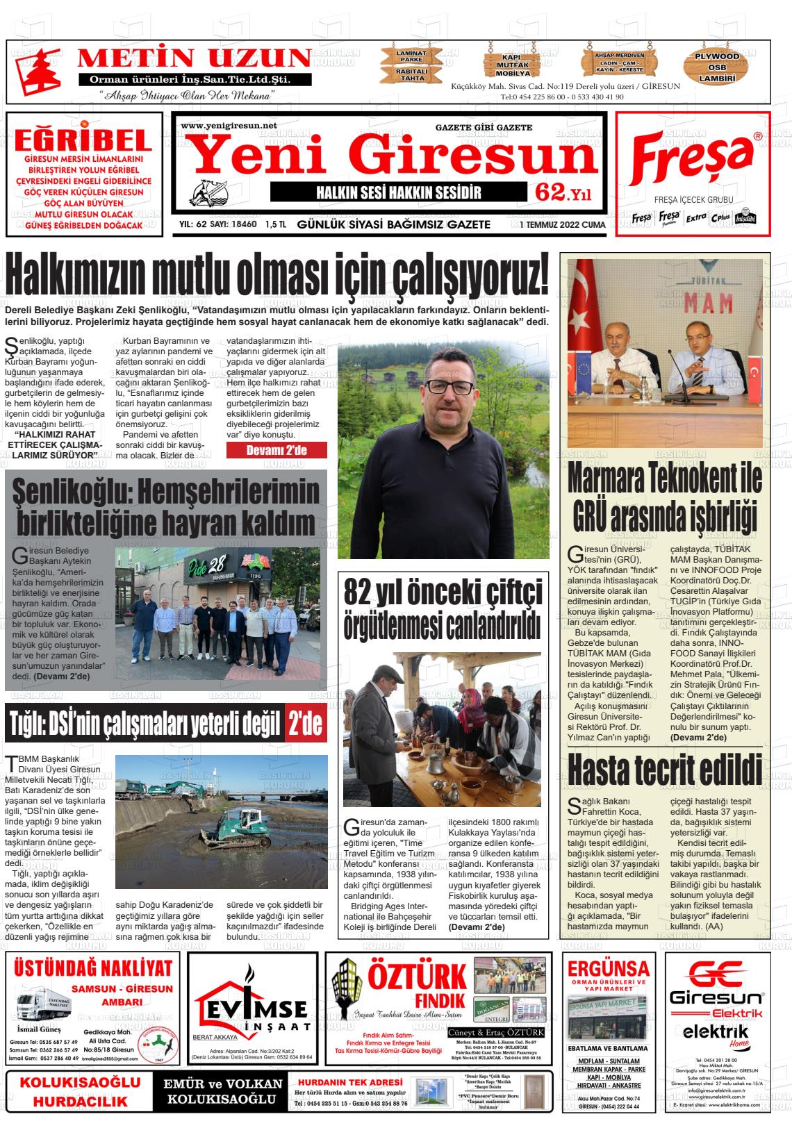 01 Temmuz 2022 Yeni Giresun Gazete Manşeti