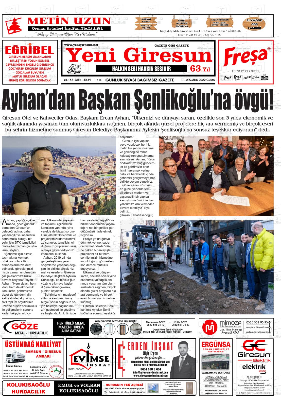 02 Aralık 2022 Yeni Giresun Gazete Manşeti