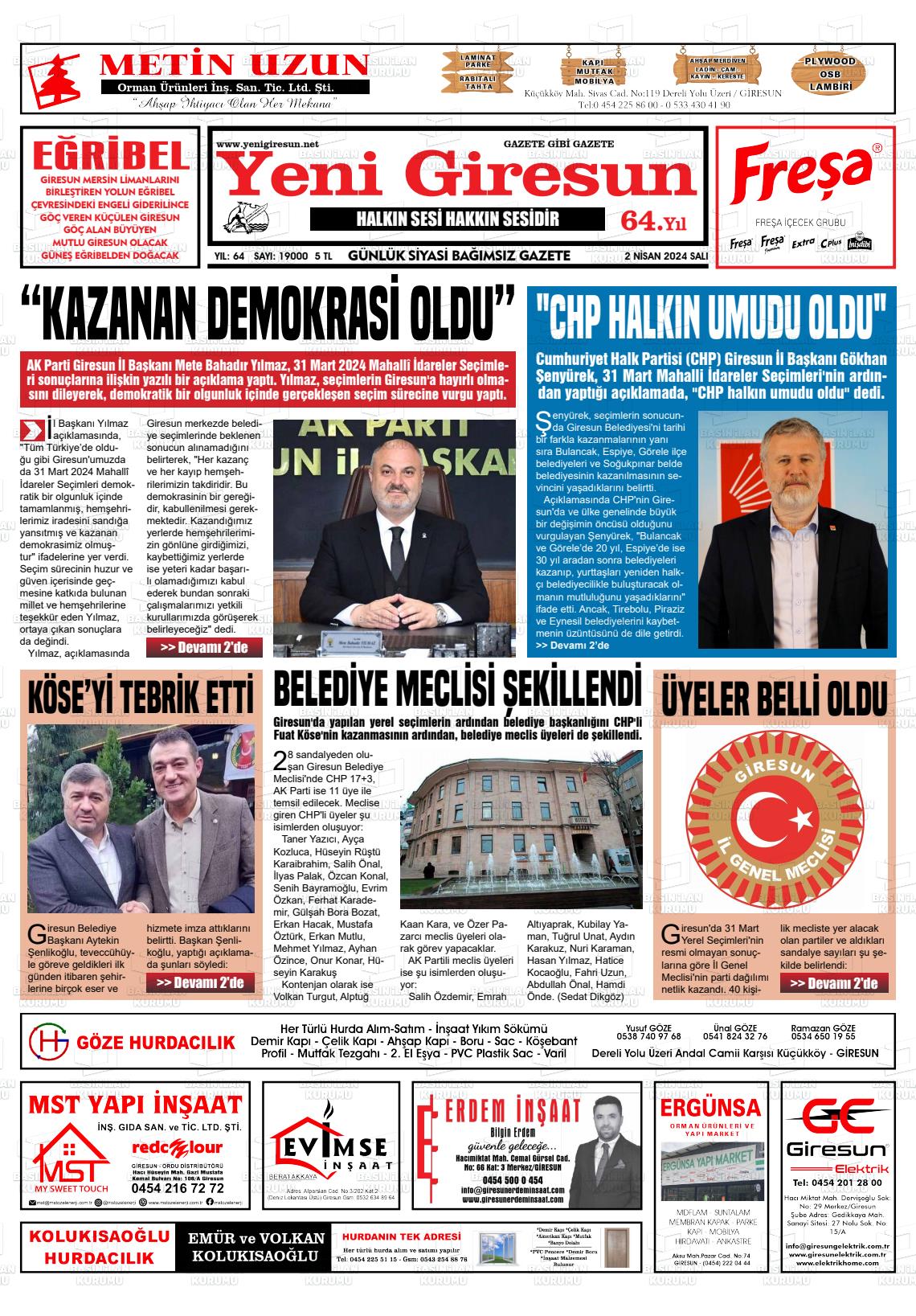 02 Nisan 2024 Yeni Giresun Gazete Manşeti