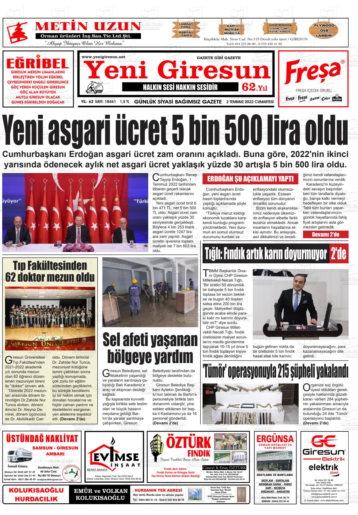 02 Temmuz 2022 Yeni Giresun Gazete Manşeti
