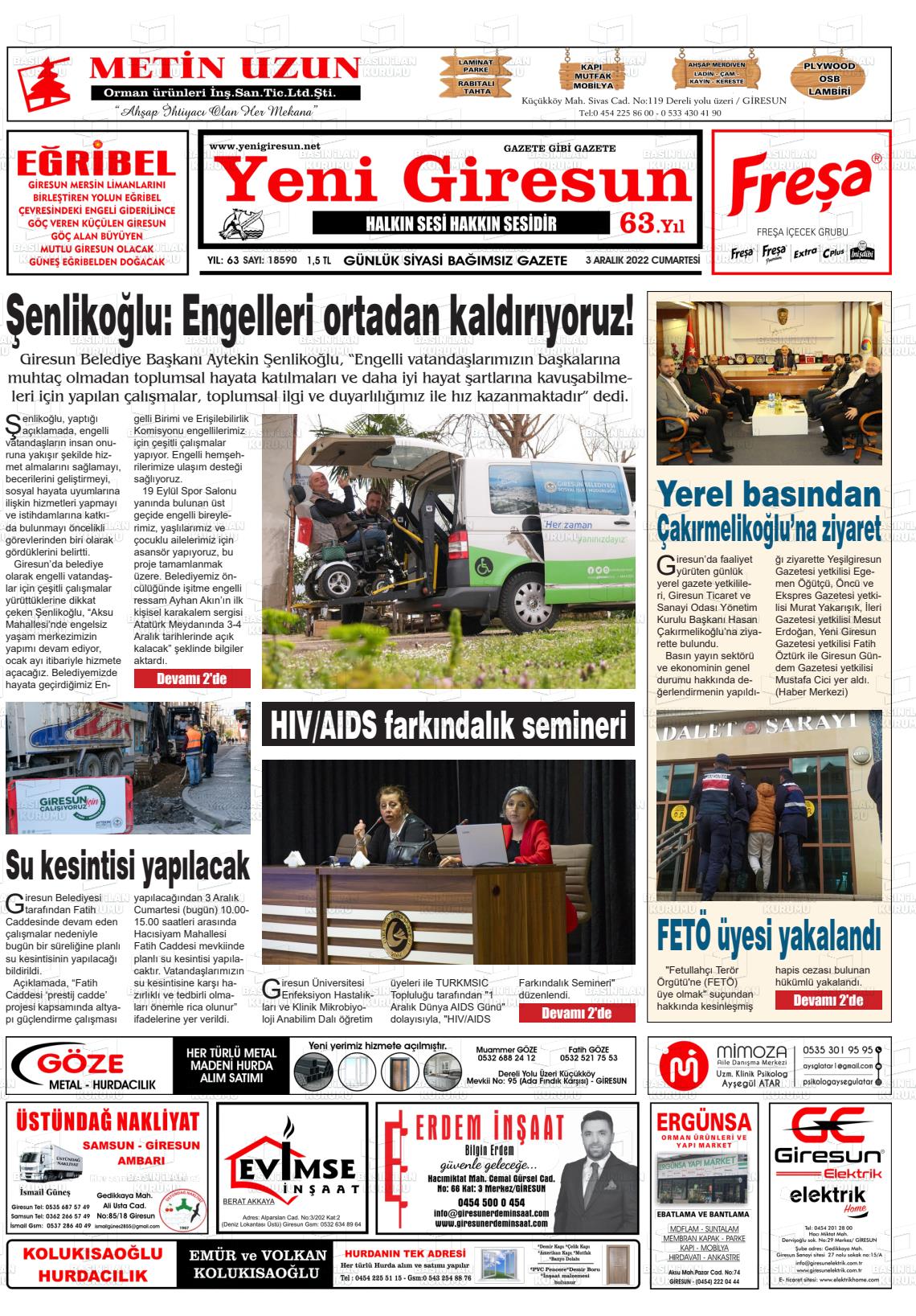 03 Aralık 2022 Yeni Giresun Gazete Manşeti