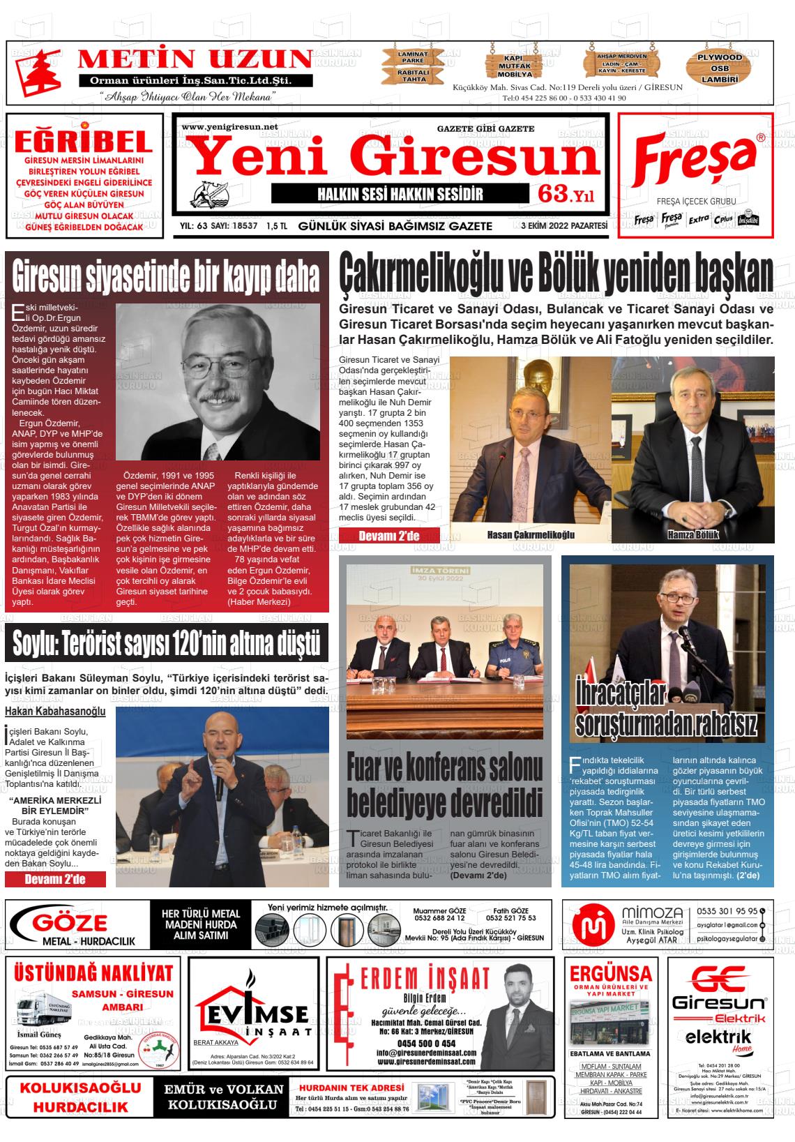 03 Ekim 2022 Yeni Giresun Gazete Manşeti