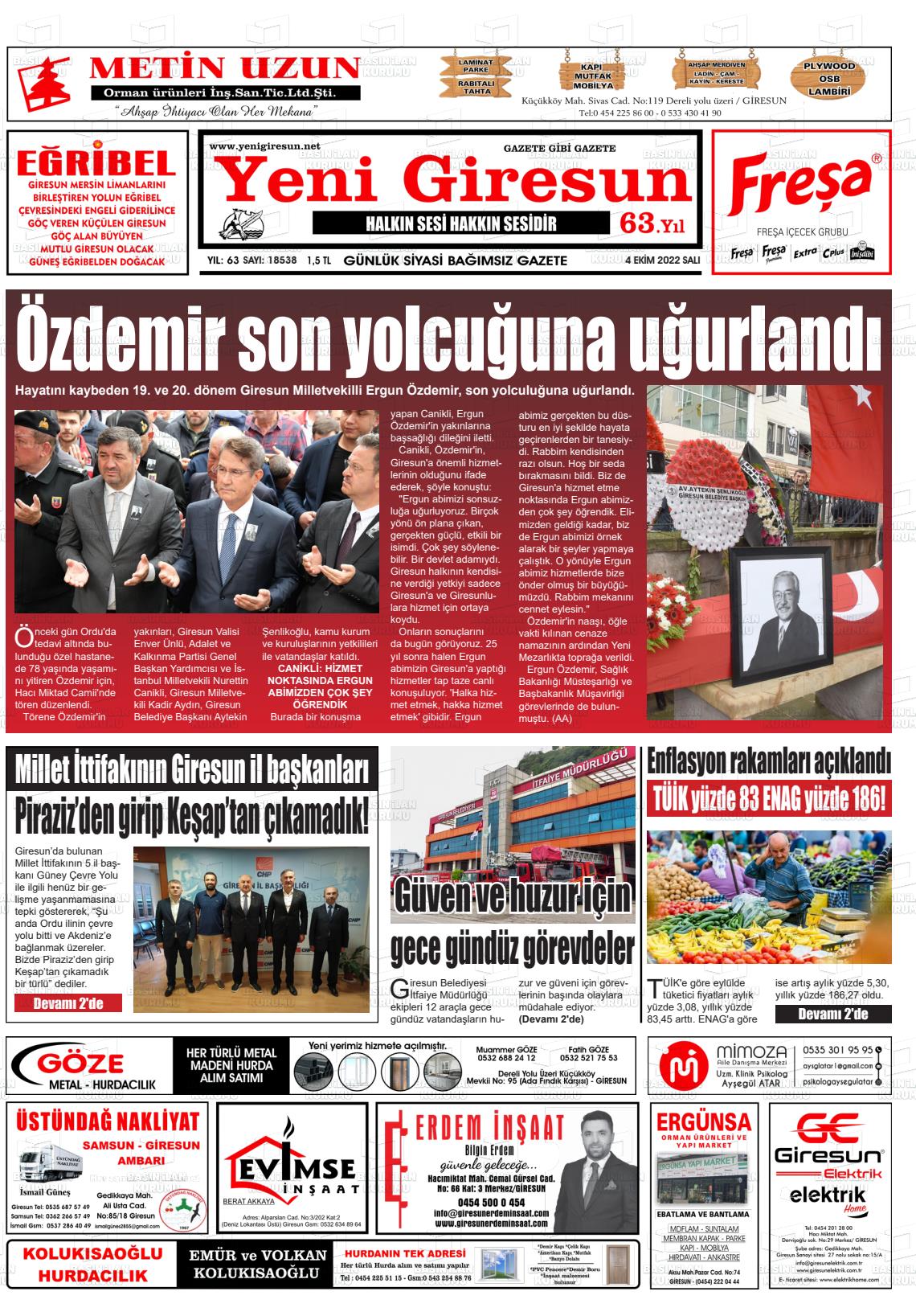 04 Ekim 2022 Yeni Giresun Gazete Manşeti