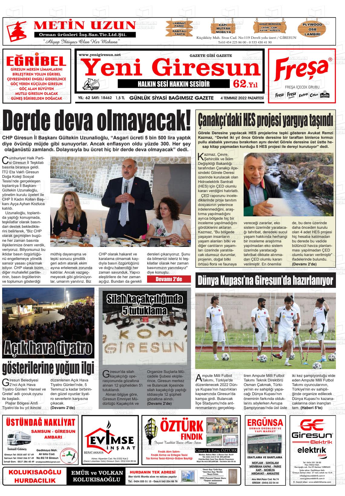 04 Temmuz 2022 Yeni Giresun Gazete Manşeti