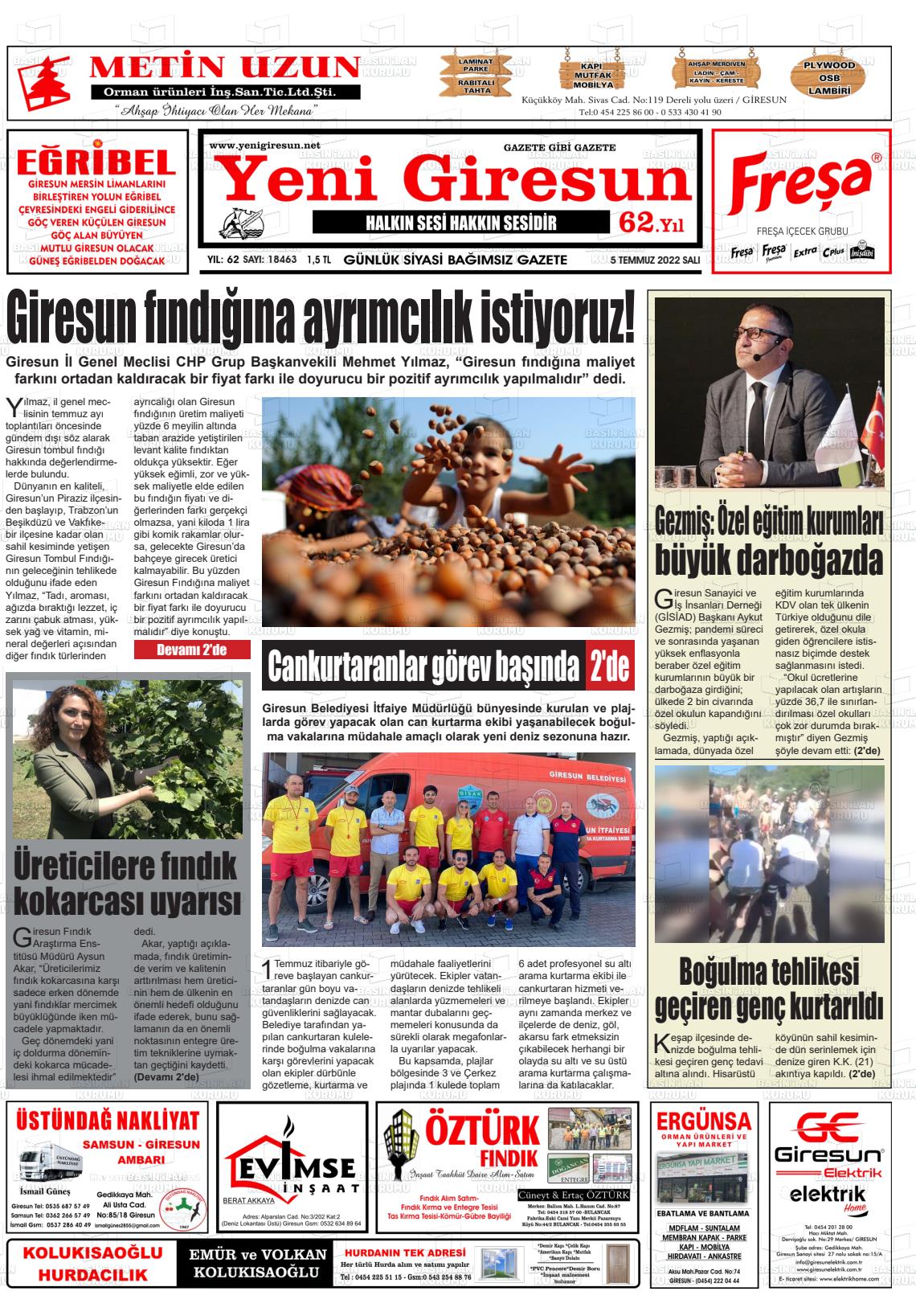 05 Temmuz 2022 Yeni Giresun Gazete Manşeti