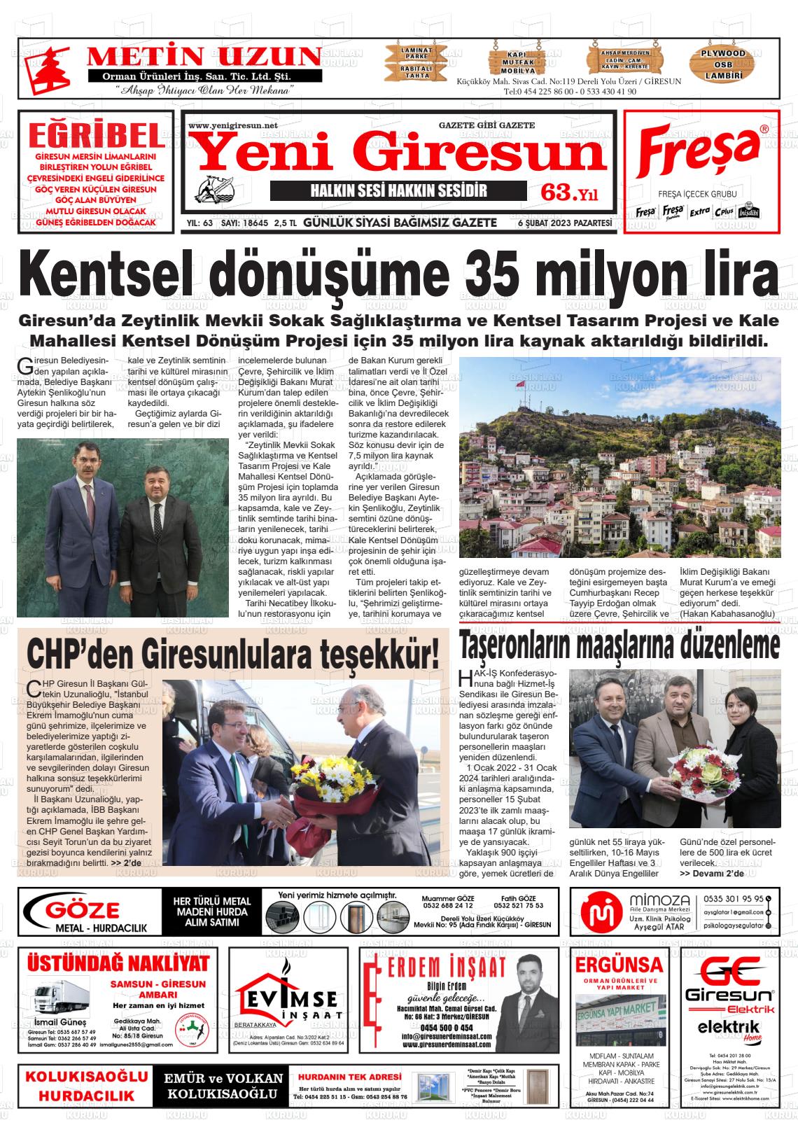 06 Şubat 2023 Yeni Giresun Gazete Manşeti