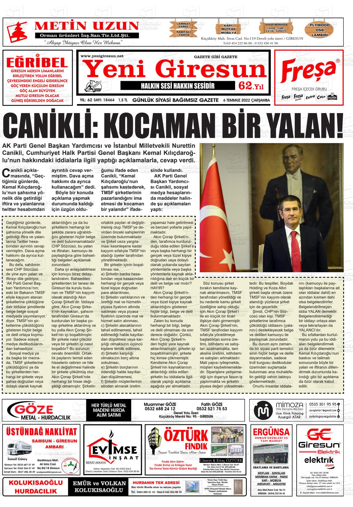 06 Temmuz 2022 Yeni Giresun Gazete Manşeti