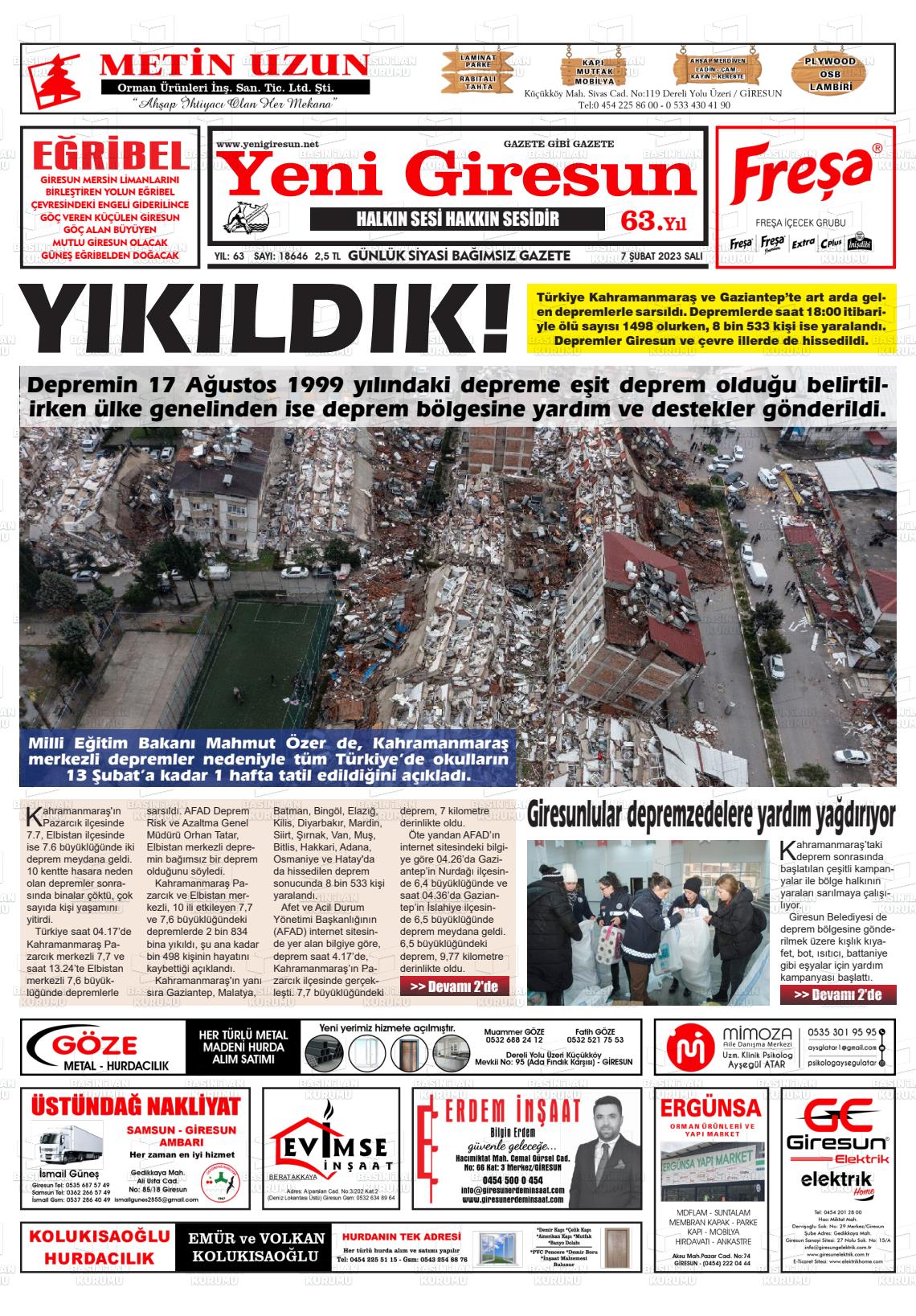 07 Şubat 2023 Yeni Giresun Gazete Manşeti