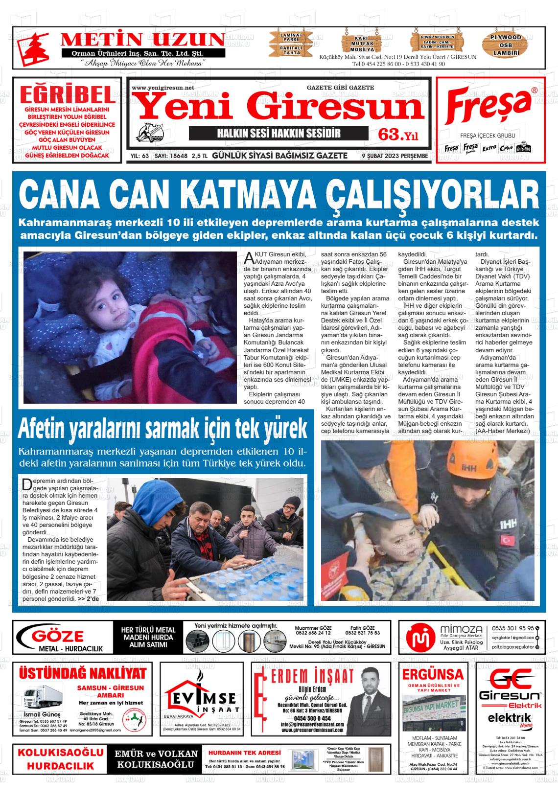 09 Şubat 2023 Yeni Giresun Gazete Manşeti