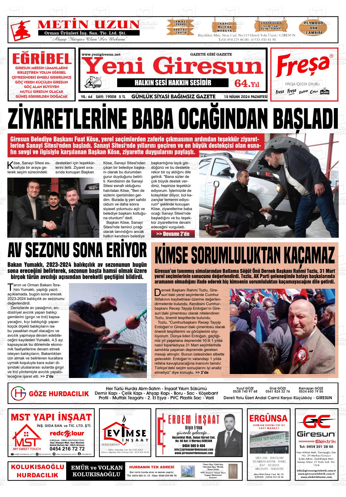 15 Nisan 2024 Yeni Giresun Gazete Manşeti