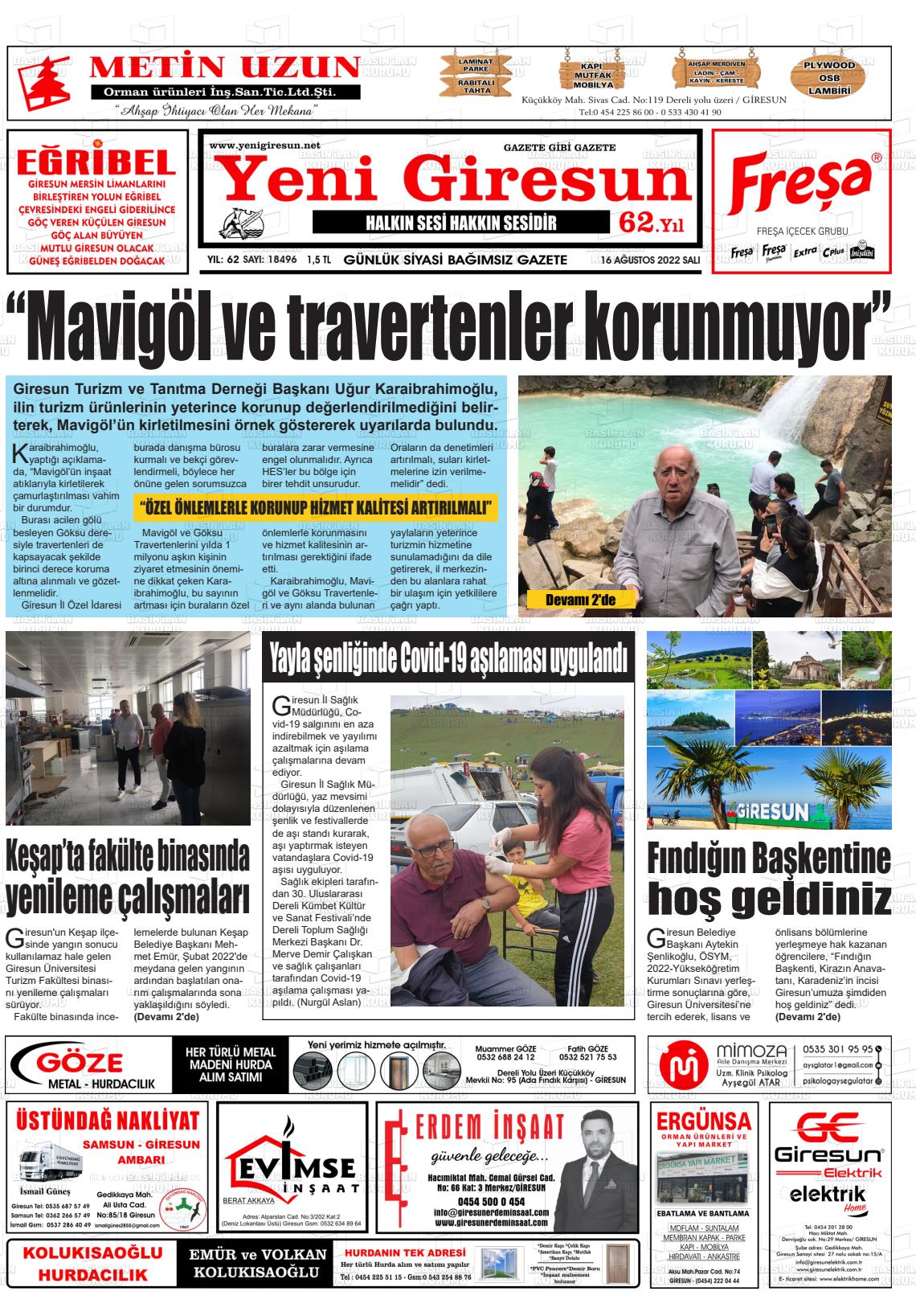 16 Ağustos 2022 Yeni Giresun Gazete Manşeti