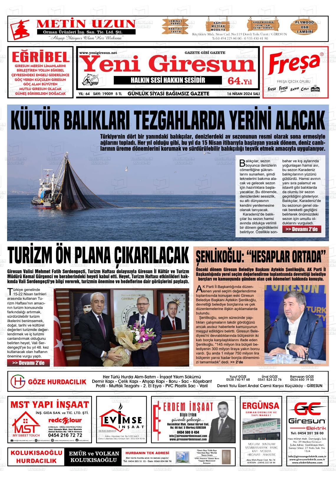 18 Nisan 2024 Yeni Giresun Gazete Manşeti