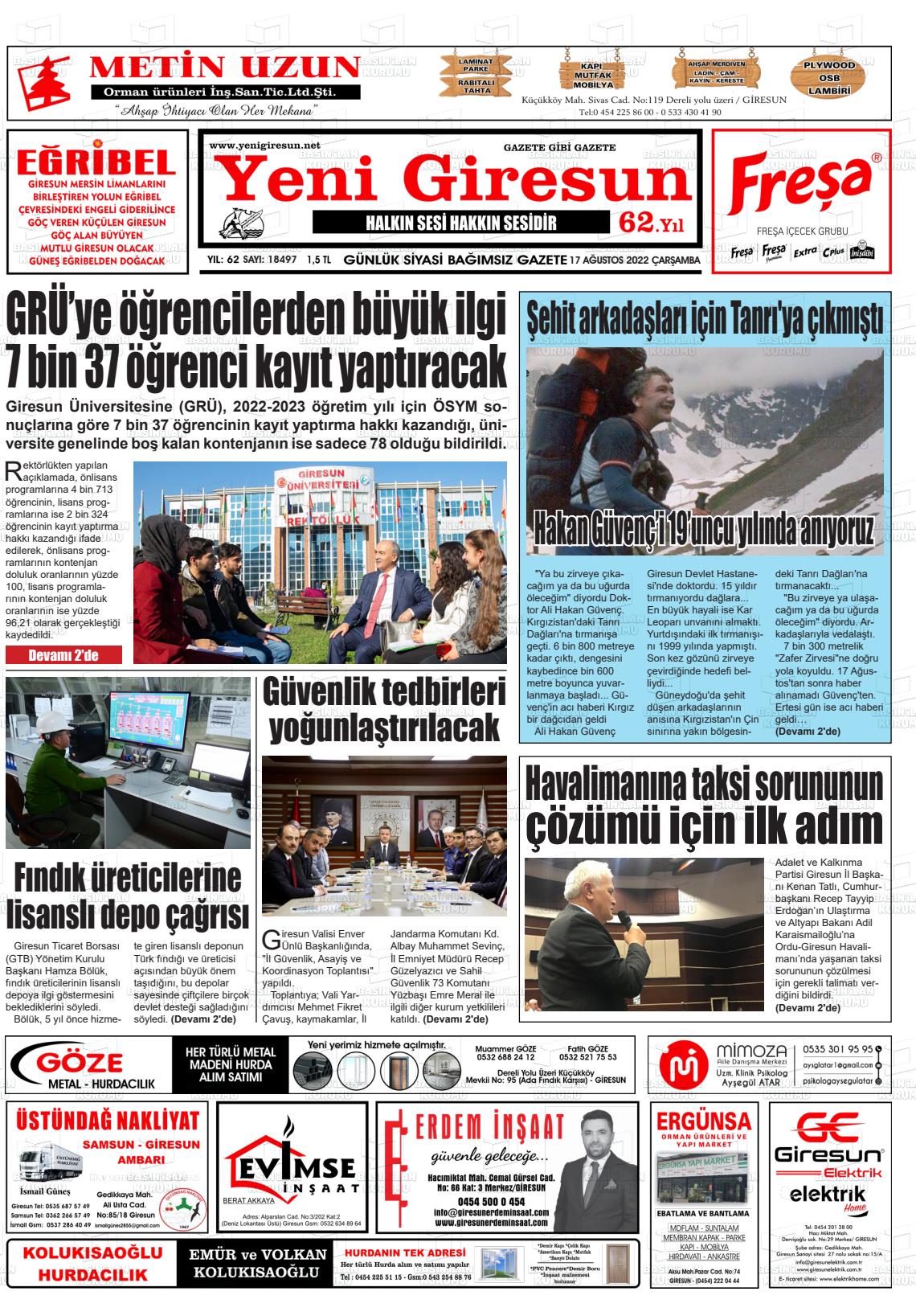 17 Ağustos 2022 Yeni Giresun Gazete Manşeti