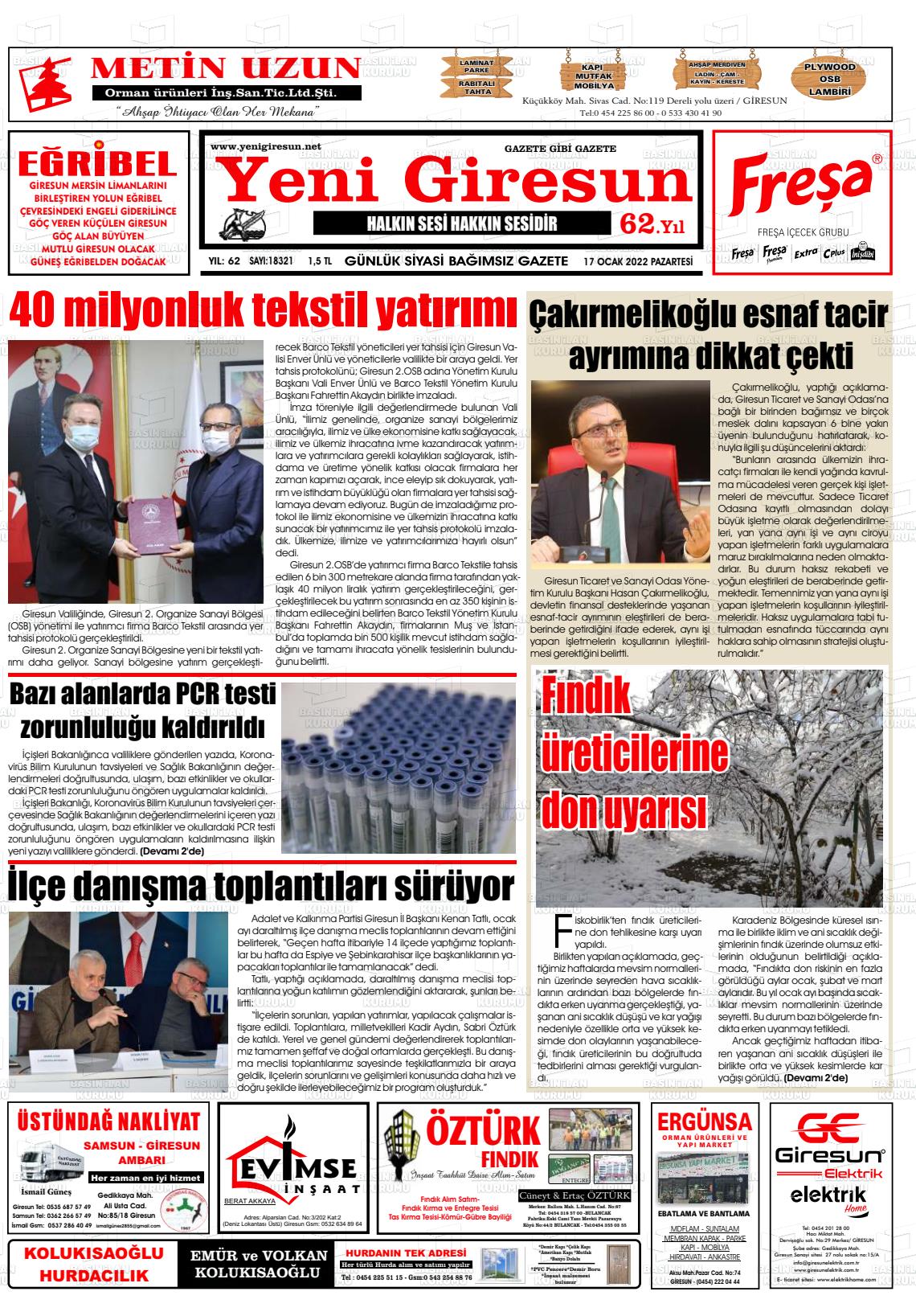 17 Ocak 2022 Yeni Giresun Gazete Manşeti