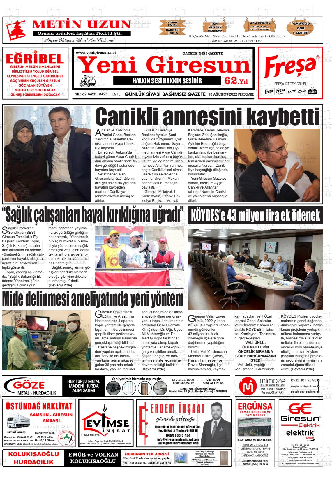 18 Ağustos 2022 Yeni Giresun Gazete Manşeti