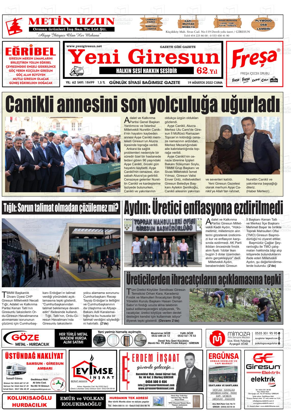 19 Ağustos 2022 Yeni Giresun Gazete Manşeti