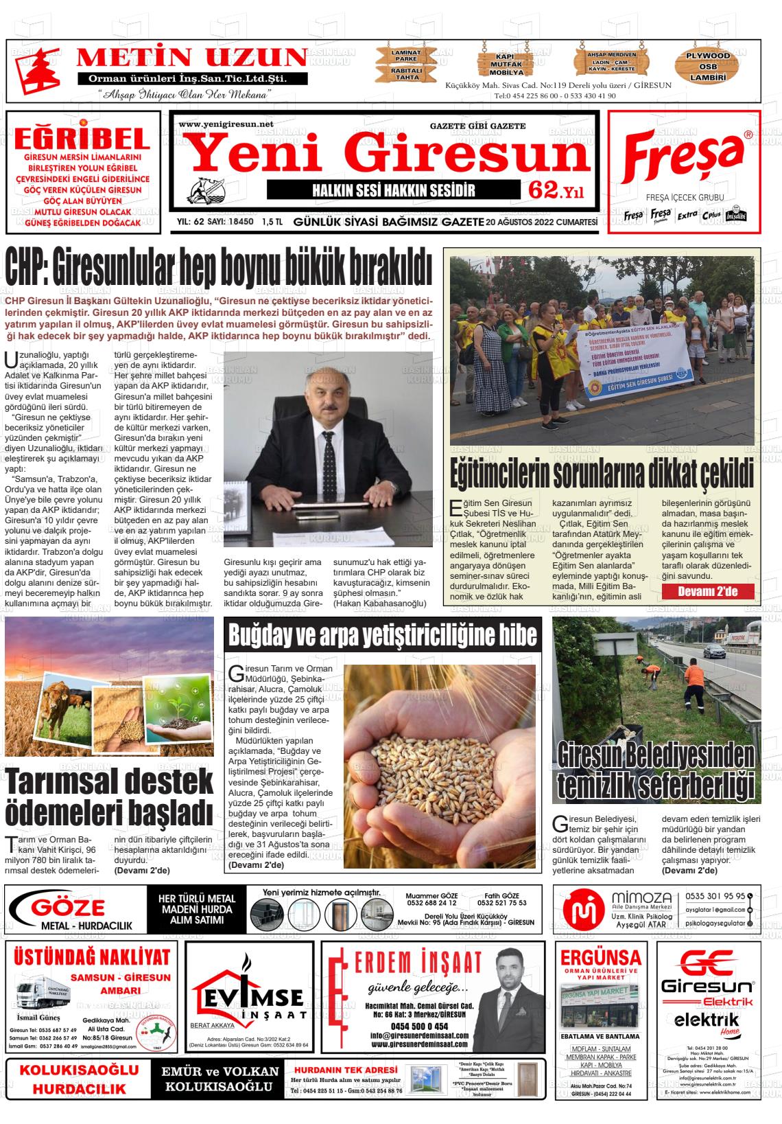 20 Ağustos 2022 Yeni Giresun Gazete Manşeti