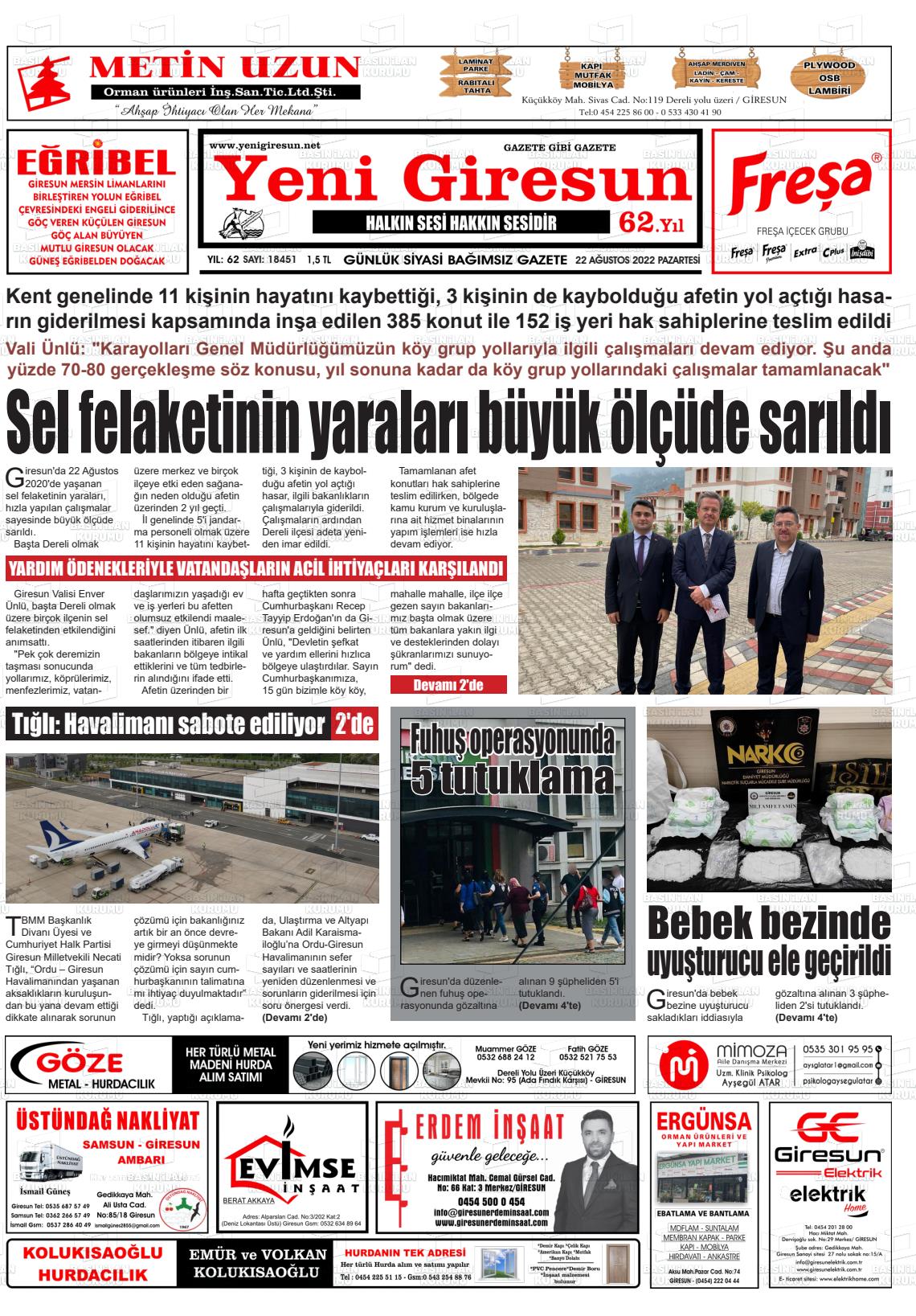 22 Ağustos 2022 Yeni Giresun Gazete Manşeti