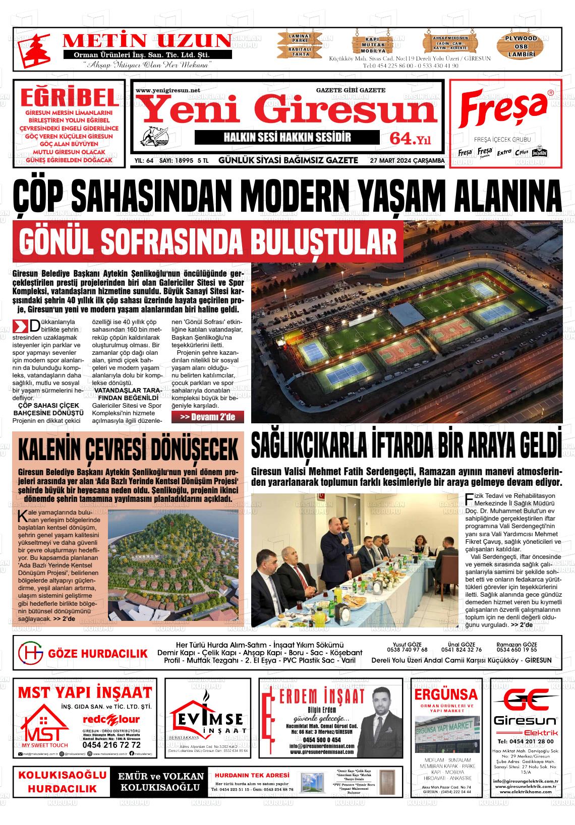 27 Mart 2024 Yeni Giresun Gazete Manşeti