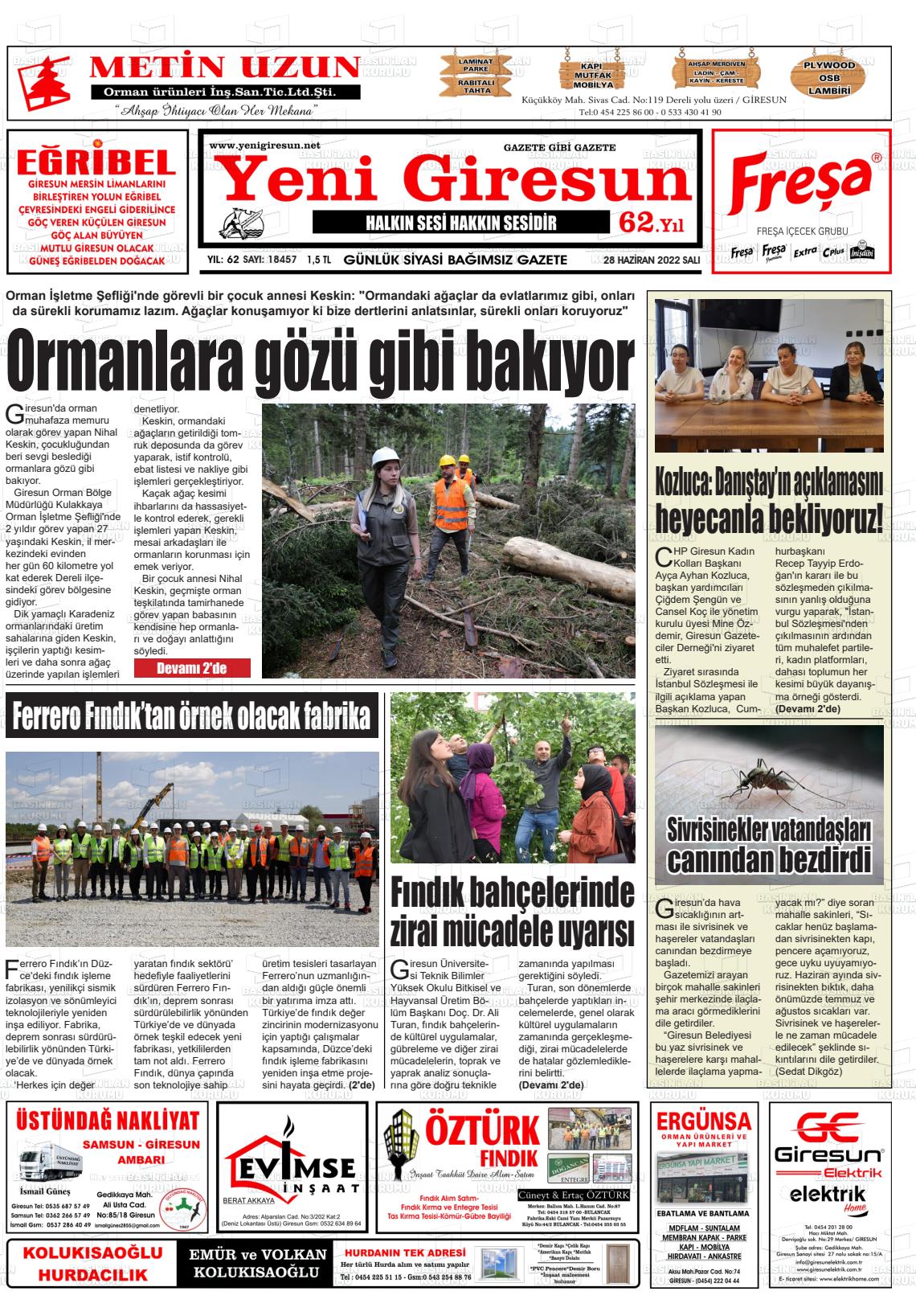 28 Haziran 2022 Yeni Giresun Gazete Manşeti