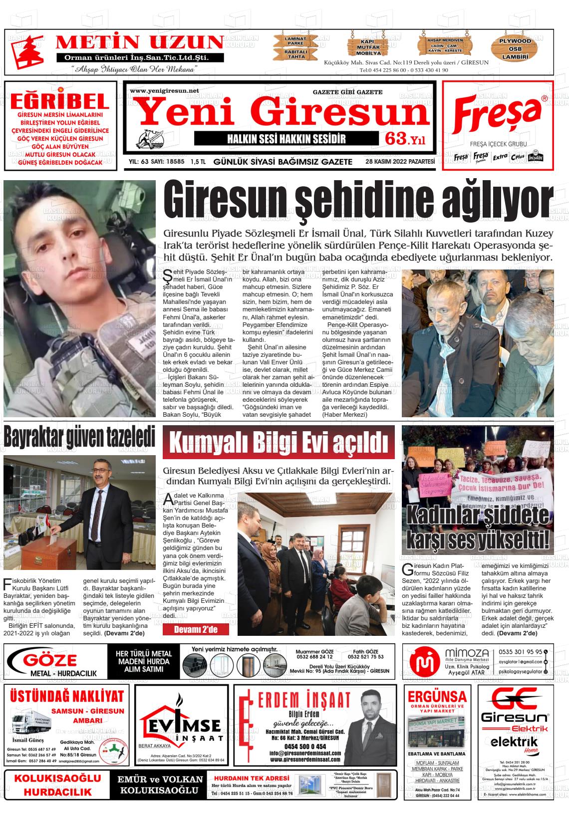 28 Kasım 2022 Yeni Giresun Gazete Manşeti