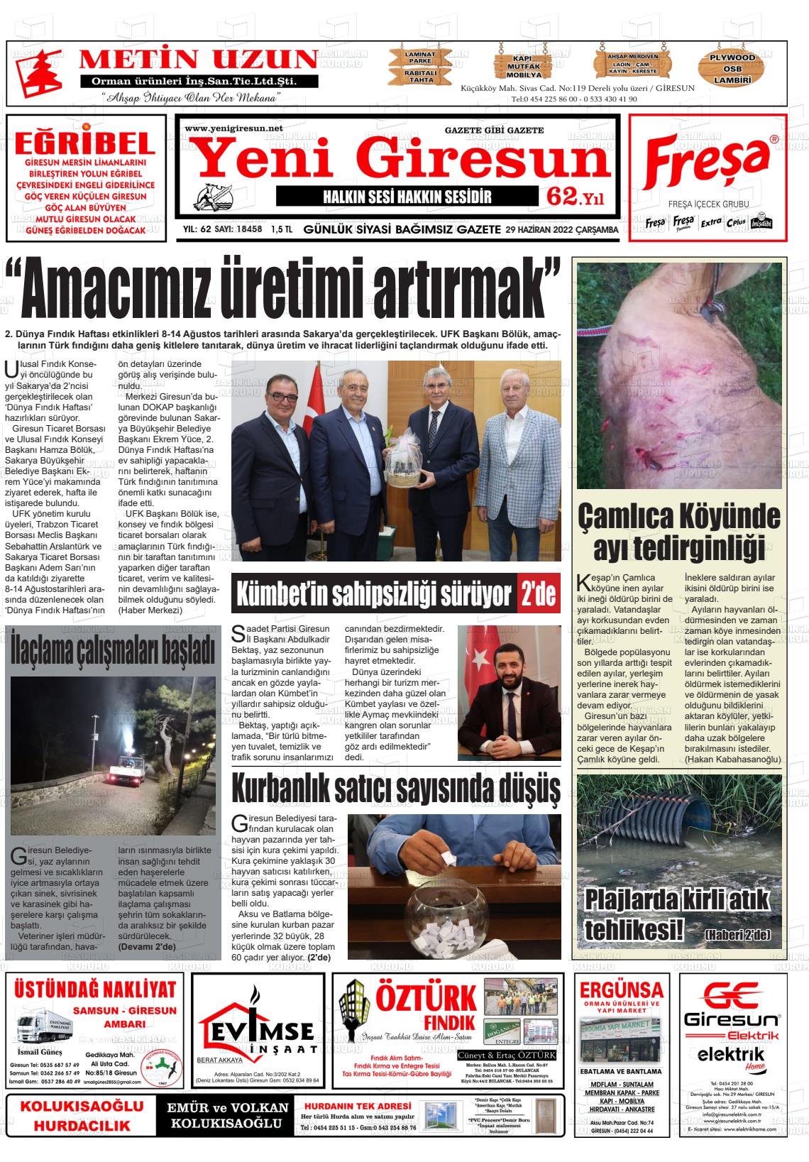 29 Haziran 2022 Yeni Giresun Gazete Manşeti