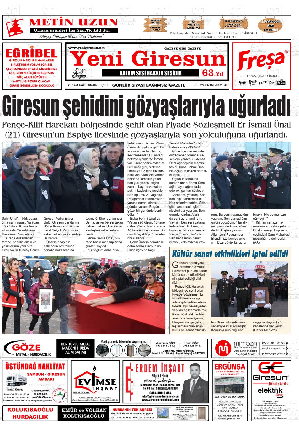 29 Kasım 2022 Yeni Giresun Gazete Manşeti