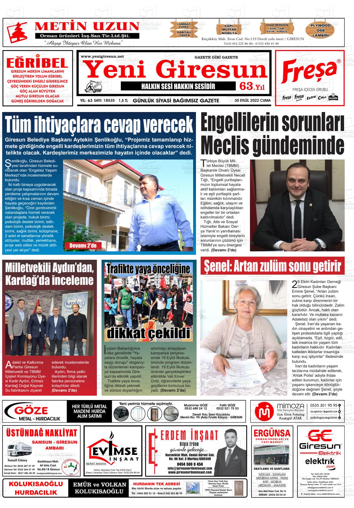 30 Eylül 2022 Yeni Giresun Gazete Manşeti