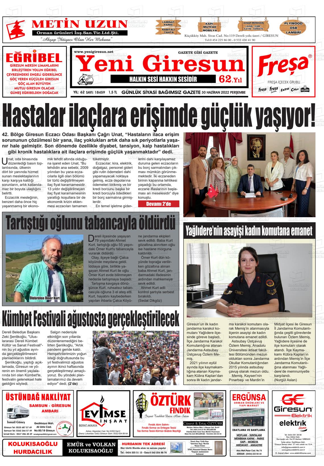 30 Haziran 2022 Yeni Giresun Gazete Manşeti