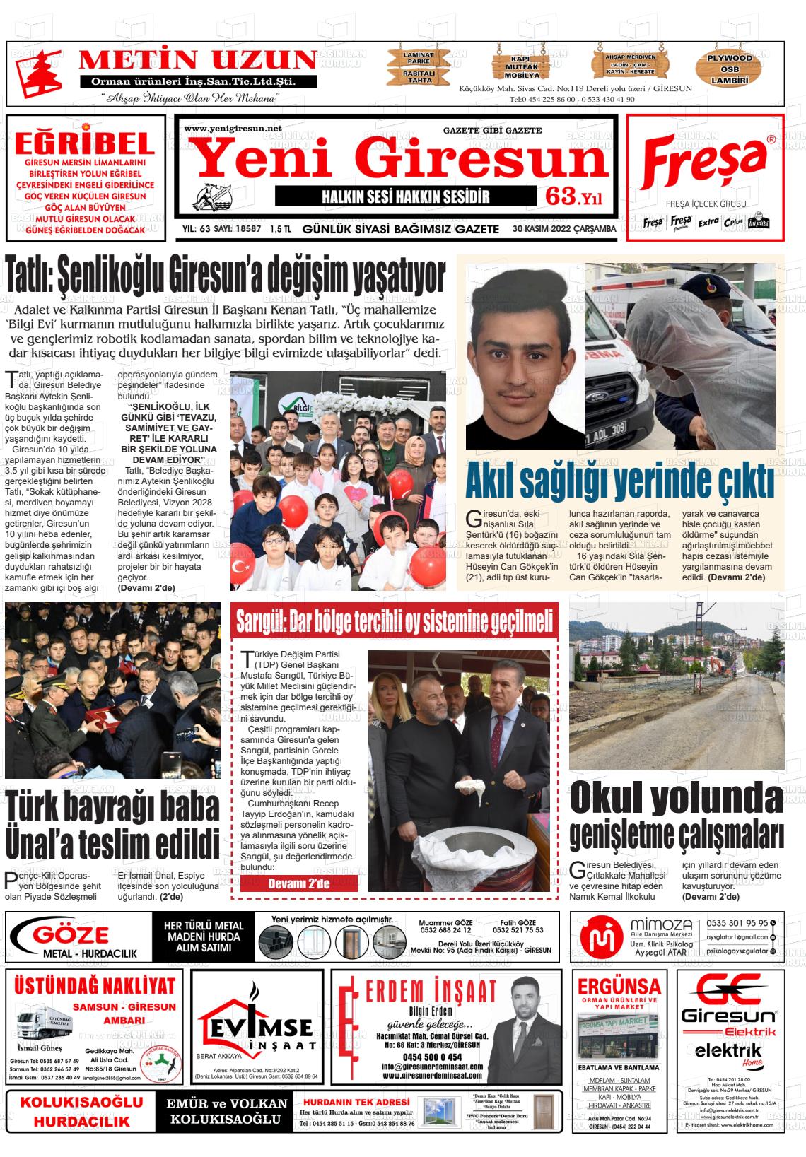 30 Kasım 2022 Yeni Giresun Gazete Manşeti