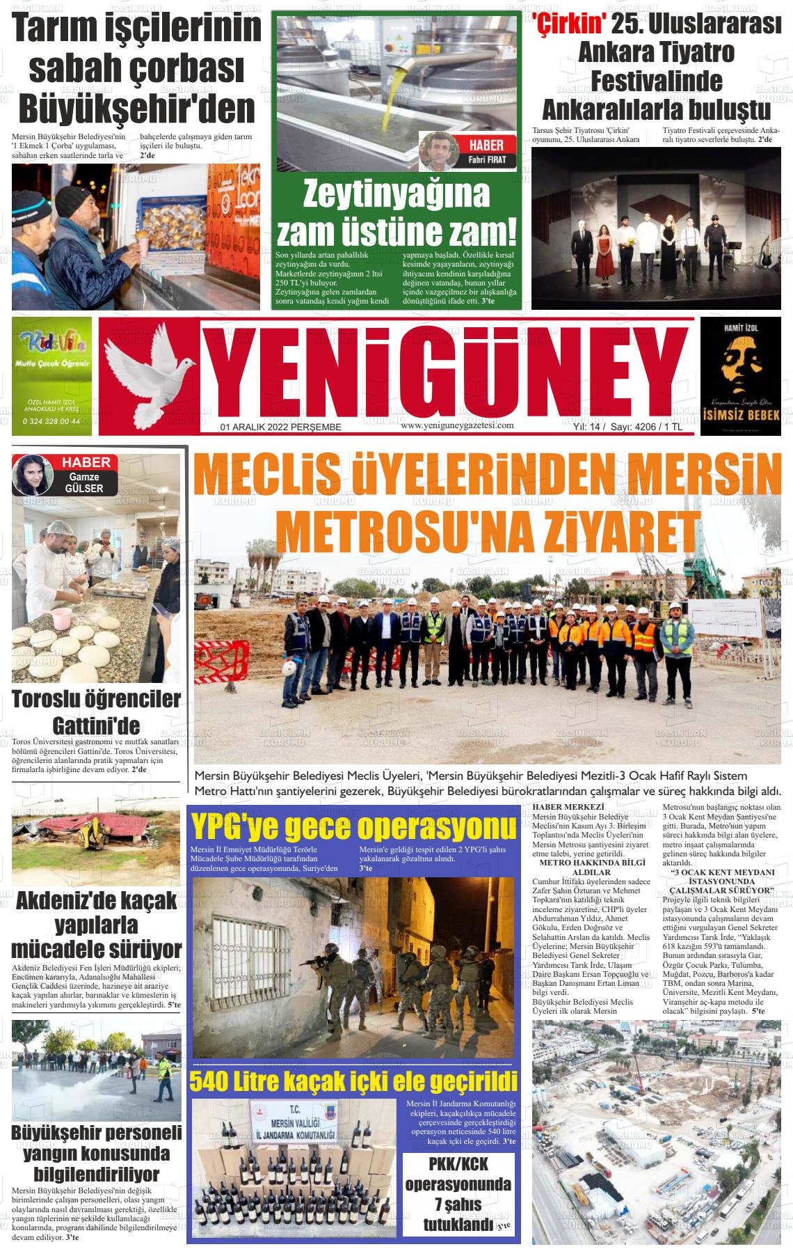 01 Aralık 2022 Yeni Güney Gazete Manşeti
