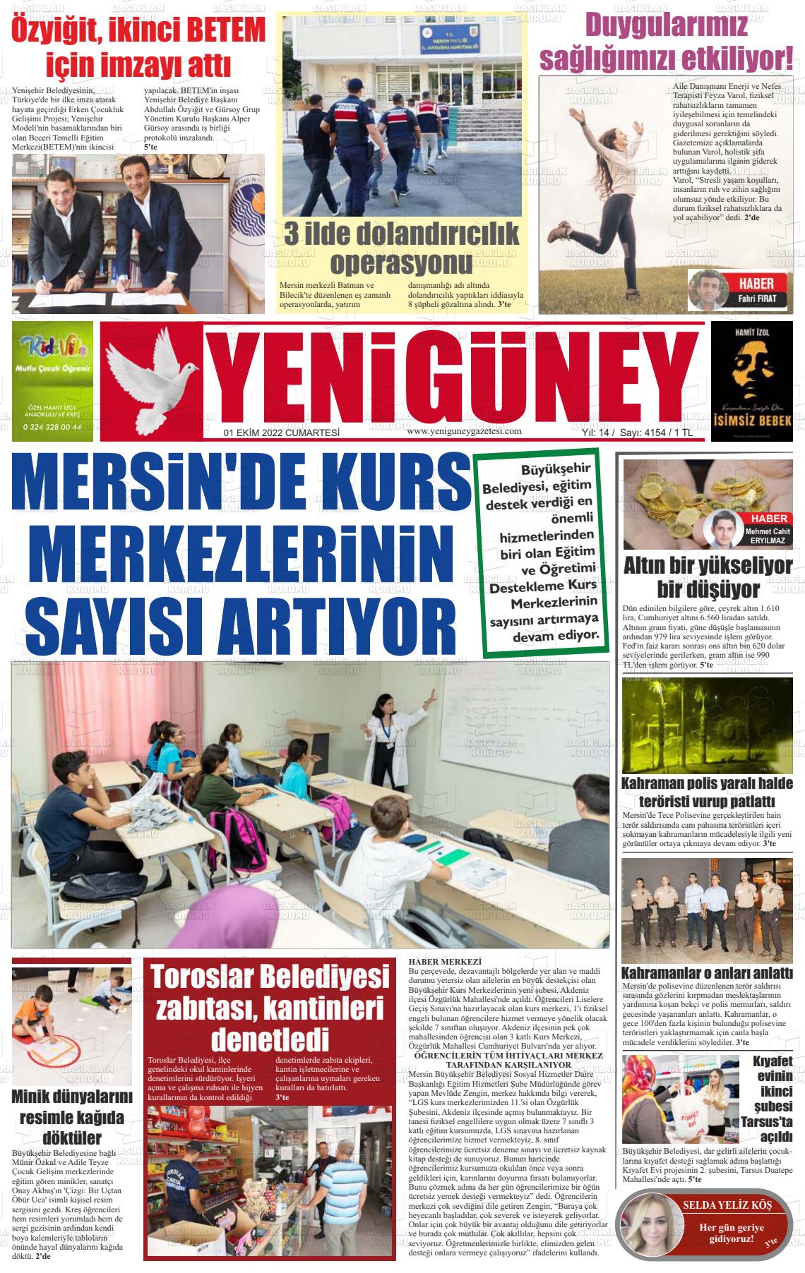 01 Ekim 2022 Yeni Güney Gazete Manşeti