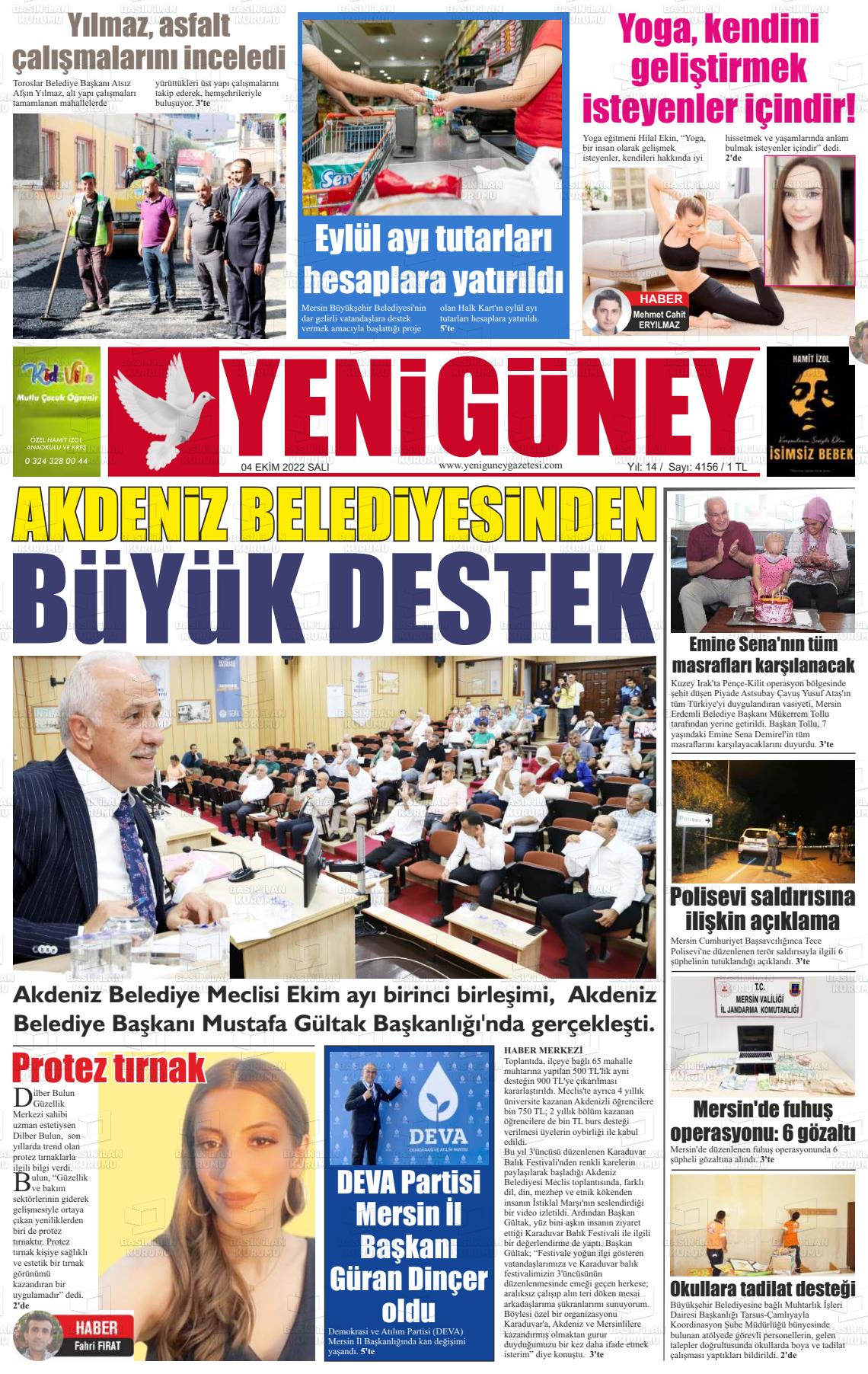 04 Ekim 2022 Yeni Güney Gazete Manşeti
