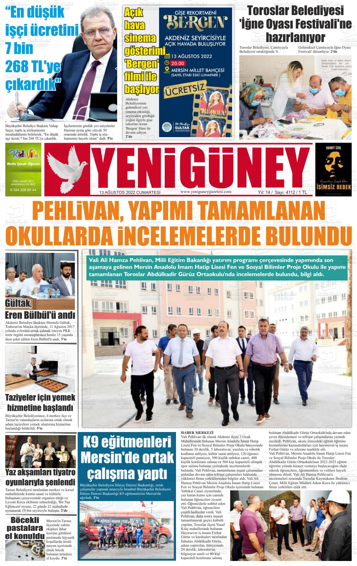 13 Ağustos 2022 Yeni Güney Gazete Manşeti