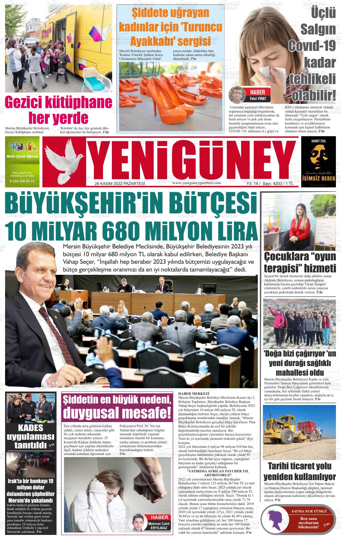 28 Kasım 2022 Yeni Güney Gazete Manşeti