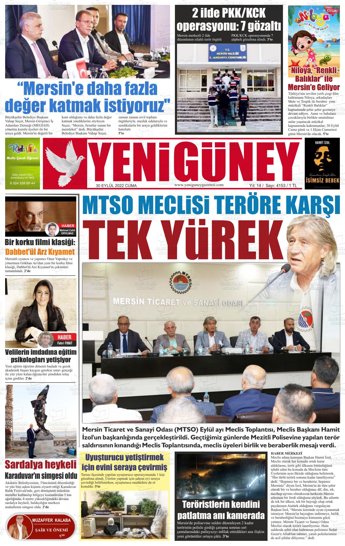 30 Eylül 2022 Yeni Güney Gazete Manşeti